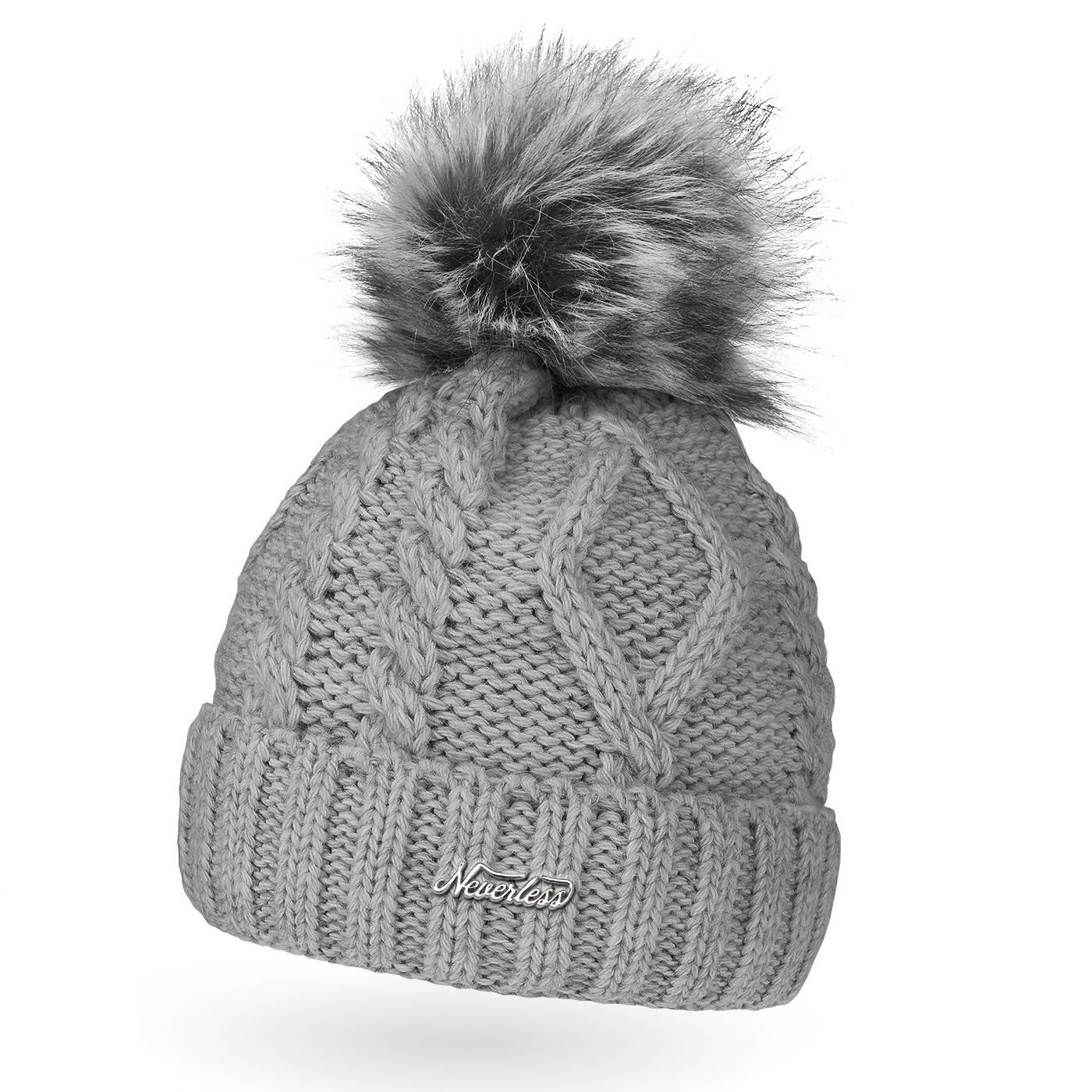 Neverless Bommelmütze gefütterte Damen Strickmütze Fell-Bommel Fleece-Futter Kunstfell