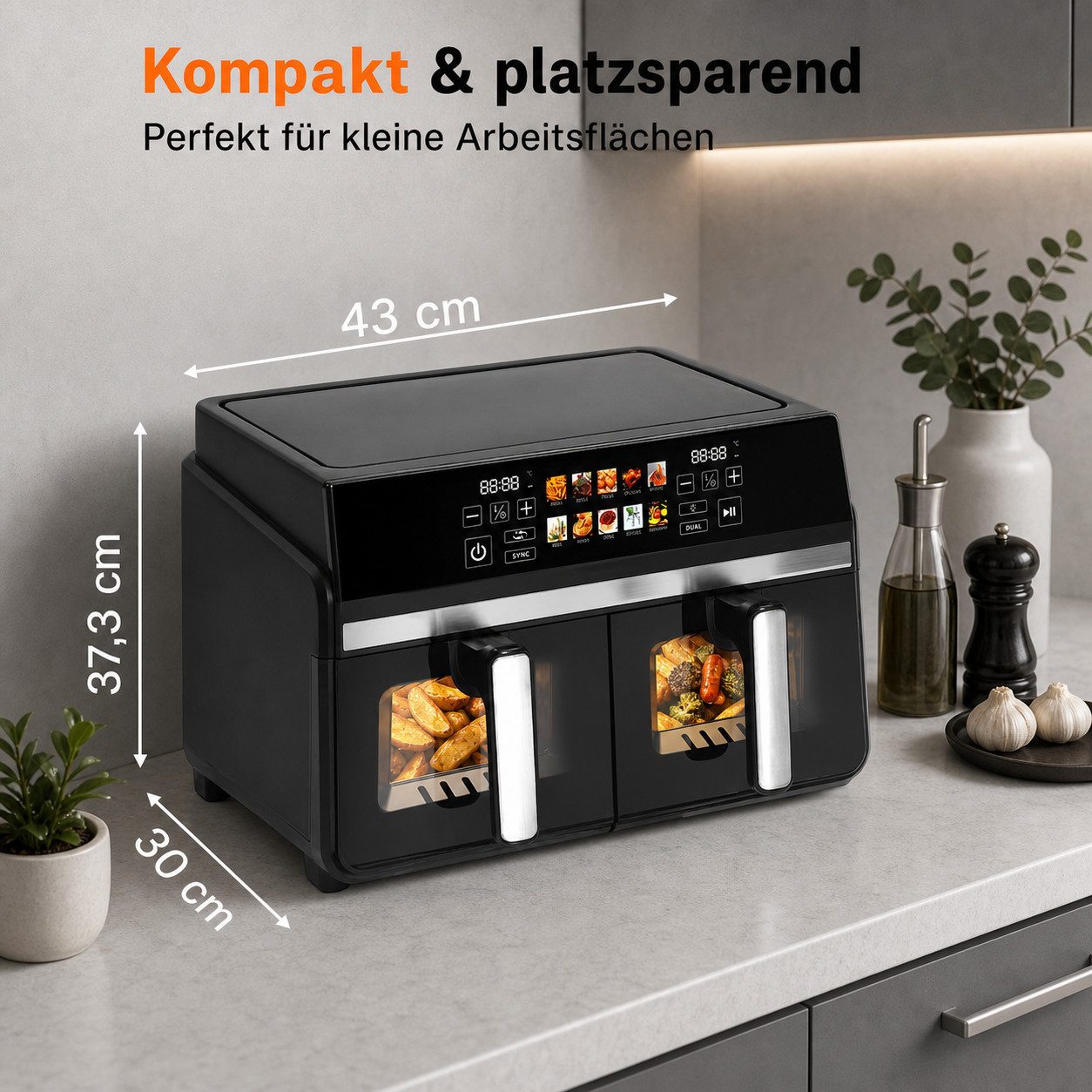 Ledklang Heißluftfritteuse 2 unabhängige Kammern 10L XXL Air fryer 13-in-1 Programm, 2200 W, 2 kammern übereinander, getrennter Temperatur Zeiteinstellung – Bild 4 von 5