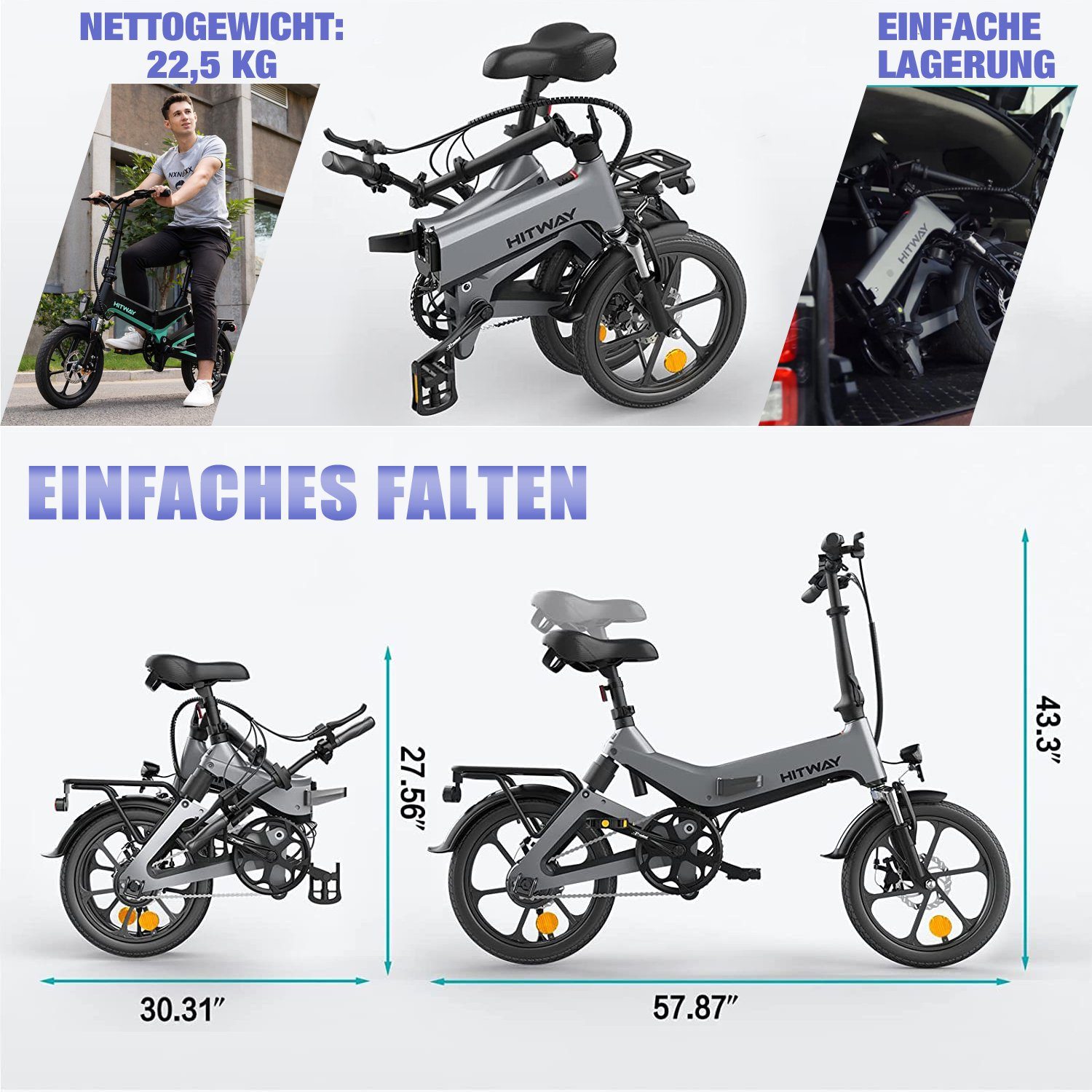 HITWAY E-Bike, Elektrofahrrad 16" Grau 36V/7.8Ah 250W Klappräder 35-70km