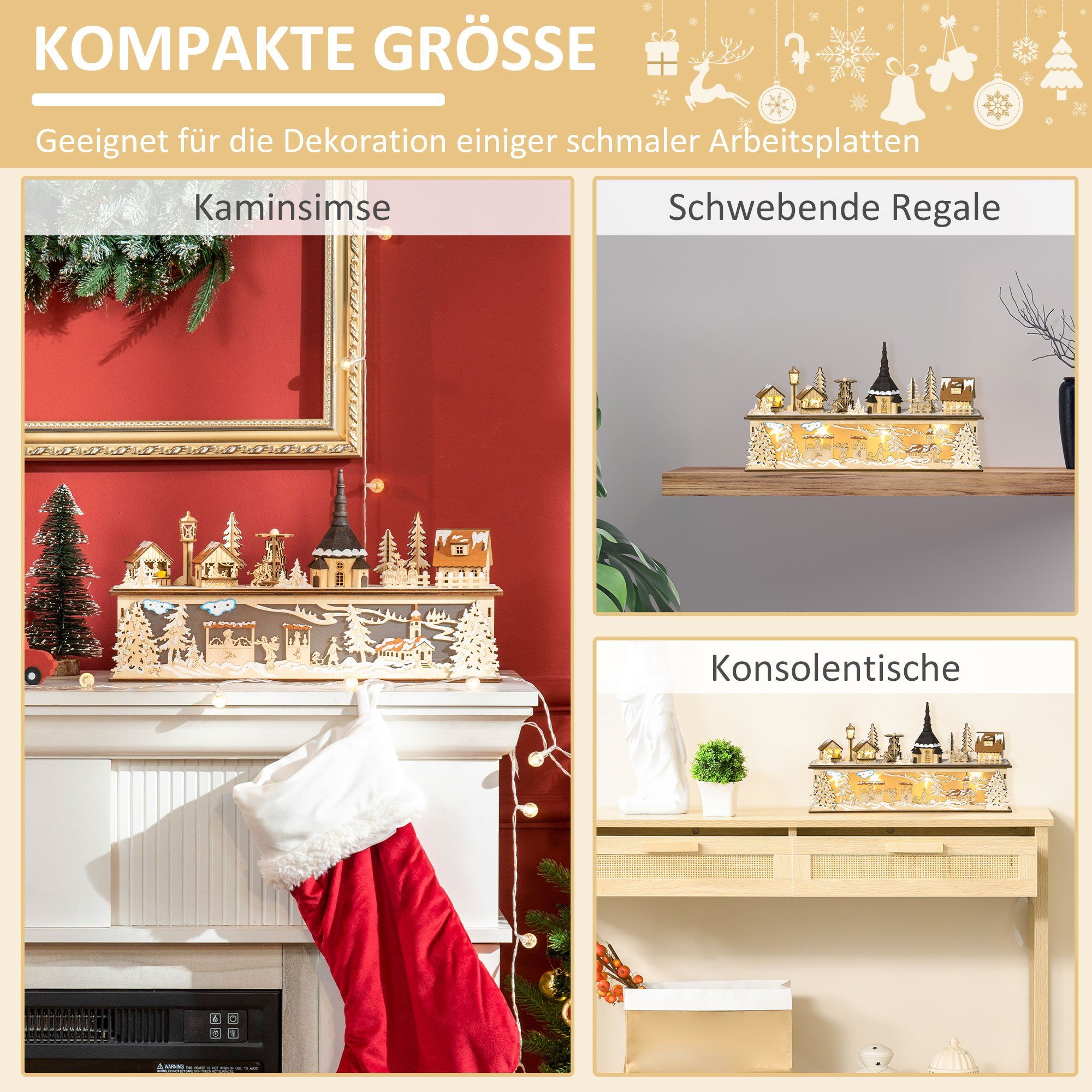 HOMCOM Weihnachtsdorf Weihnachtsdeko, Weihnachtsdorf, 10 LEDs, Holz, 45 x 10 x 25cm, Kirche mit integrierter LED-Beleuchtung, Höhe 25 cm