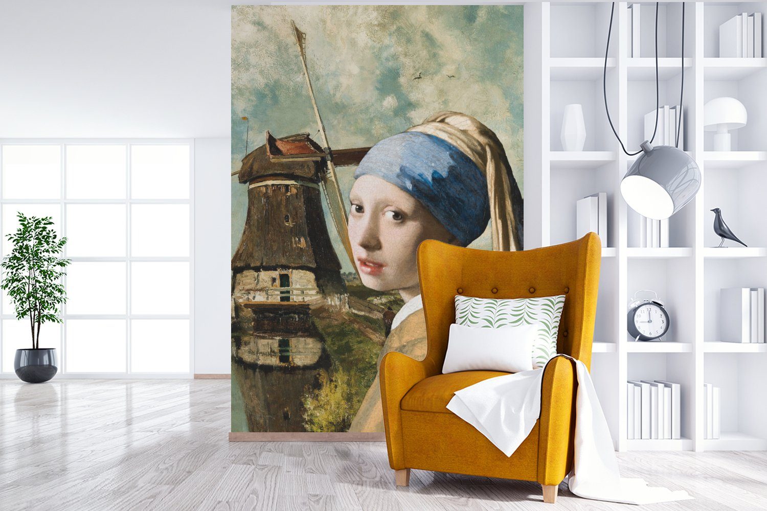 Das - (3 Wandtapete Mühle, mit Mädchen Tapete Matt, bedruckt, dem - Vinyl Wohnzimmer, Perlenohrring Johannes Vermeer Fototapete für St), Montagefertig MuchoWow