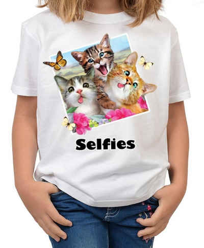 Tini - Shirts Print-Shirt Katzen Schmetterling Motiv Kindershirt buntes Katzen Foto - Katzen-Selfie / Schmetterlinge : Selfie Cats