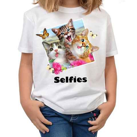 Tini - Shirts Print-Shirt Katzen Schmetterling Motiv Kindershirt buntes Katzen Foto - Katzen-Selfie / Schmetterlinge : Selfie Cats