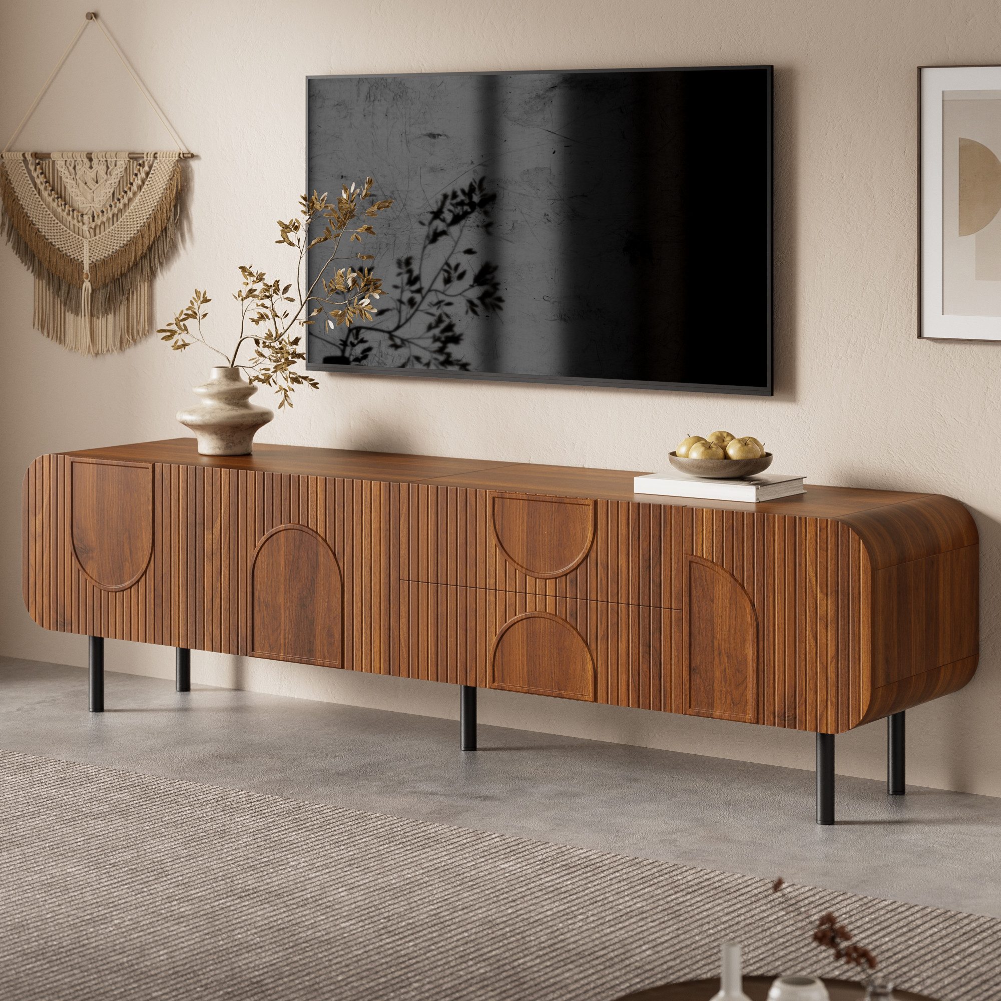 Merax Lowboard mit Kabelmanagement, Fernsehtisch mit Nussbaum Optik (180 x 40 x 47,5 cm, 1 St), Wohnzimmerschrank mit 3 Türen, 2 Schubladen & Metallbeine