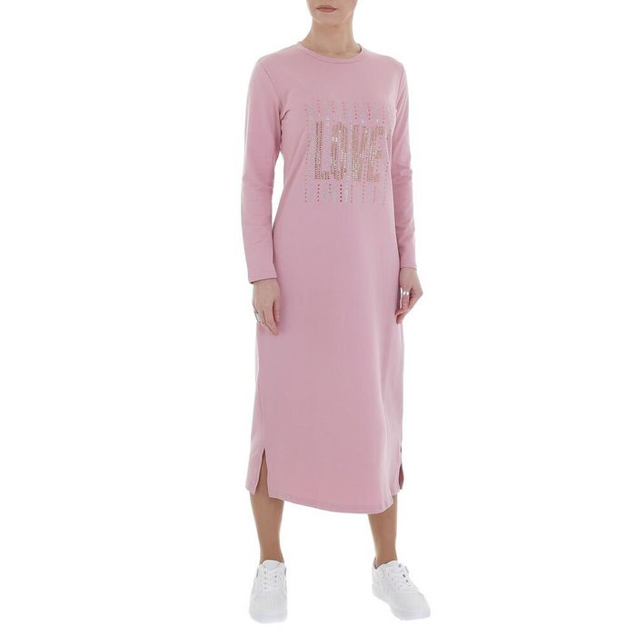 Ital-Design Shirtkleid Damen Freizeit Strass Stretch Maxikleid in Rosa