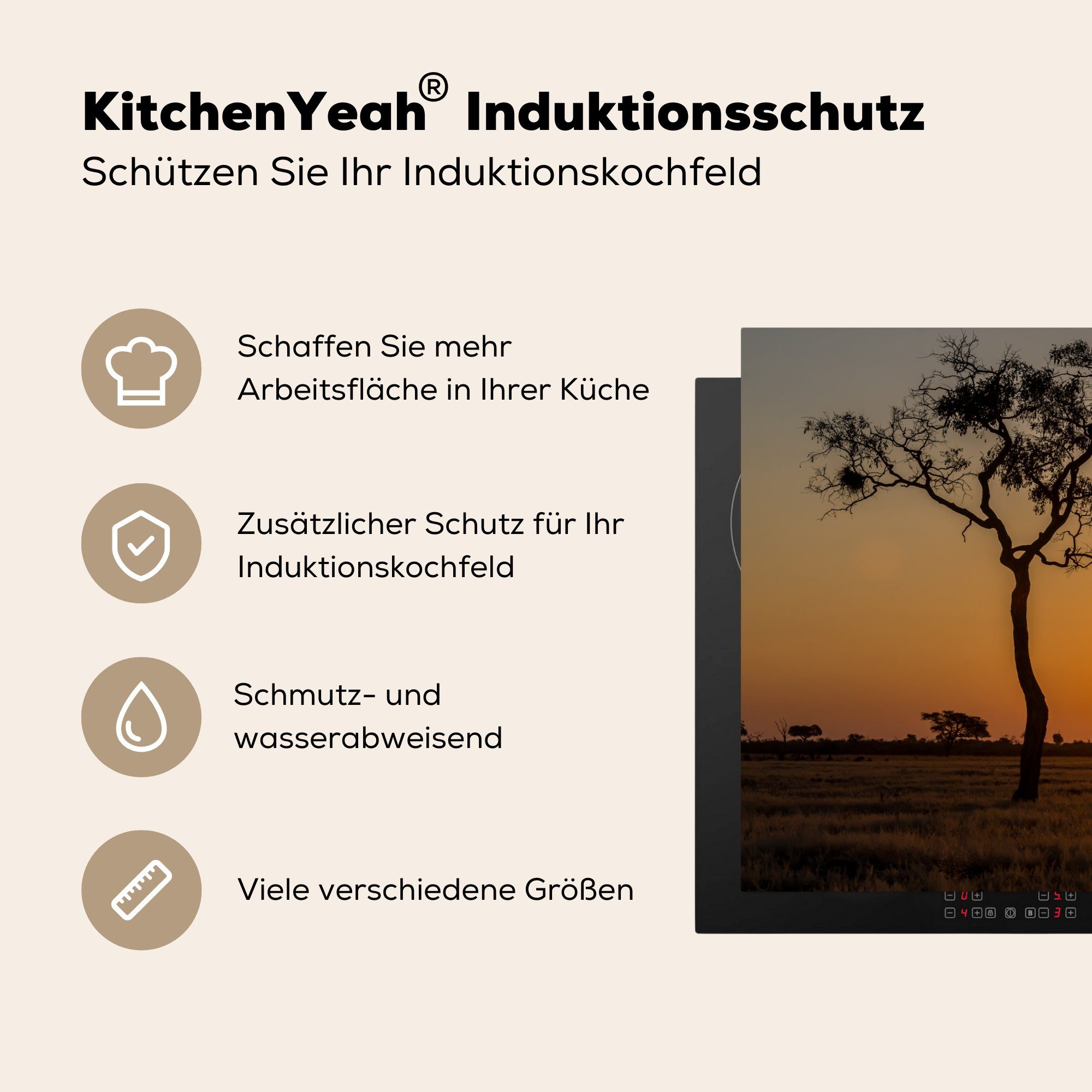 Herdblende-/Abdeckplatte Sonnenaufgang, Schutz Savanne (1 küche, bei 81x52 Ceranfeldabdeckung Vinyl, tlg), cm, die für Induktionskochfeld Afrikanische MuchoWow