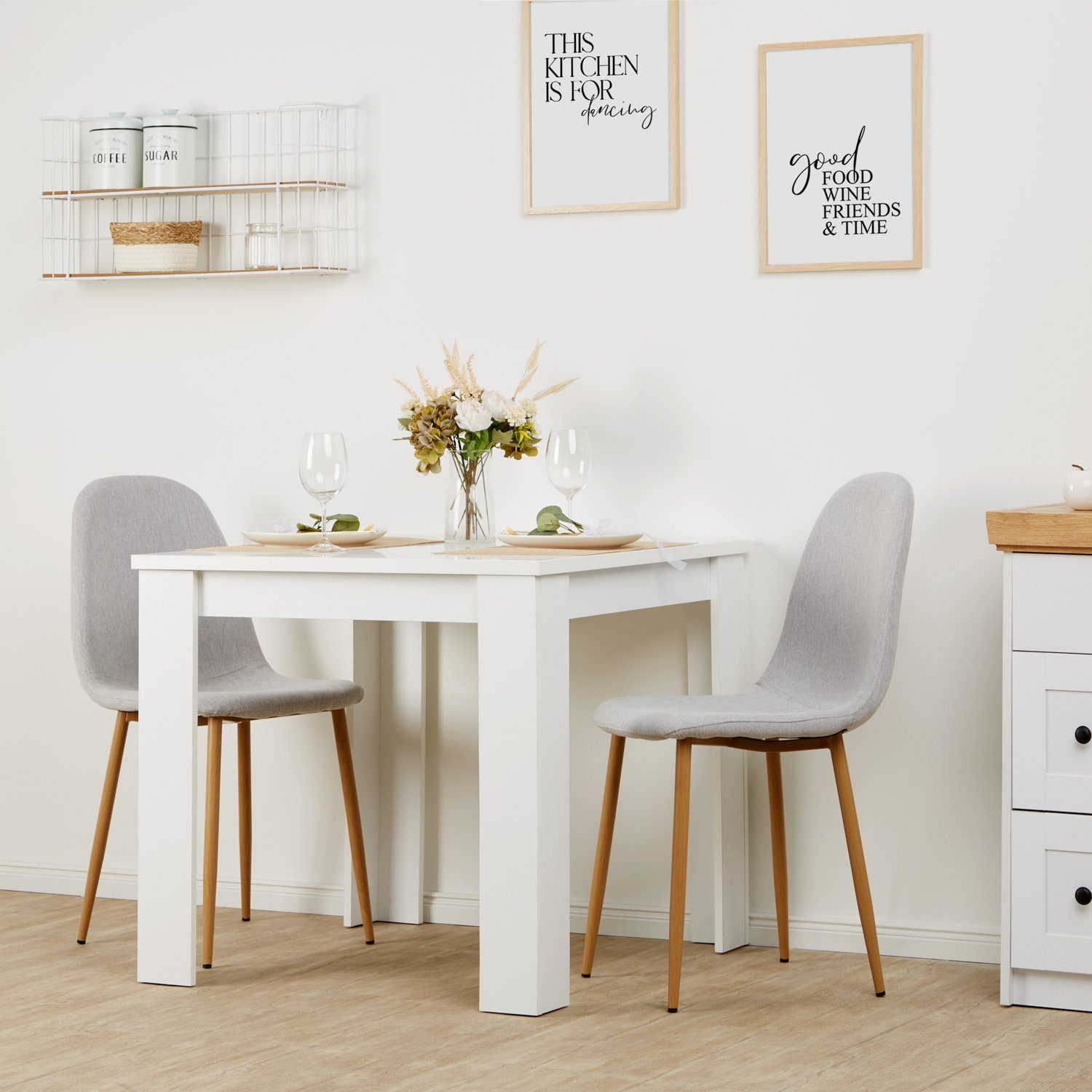 Homestyle4u Essgruppe Esstisch mit 2 Stühlen 80x80 Beige Holz Küchentisch klein Sitzgruppe, (Set, 3-tlg., Esszimmergruppe 3 teilig), Polsterstuhl Leinen, Essstuhl