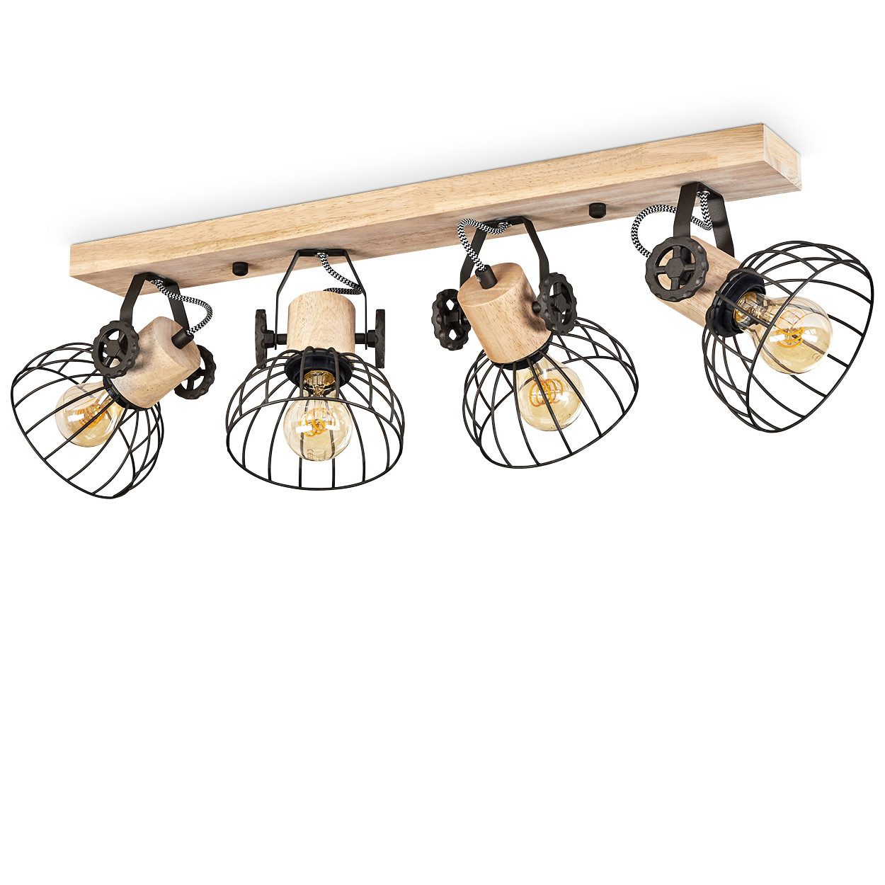 hofstein Deckenleuchte »Cotes« Deckenlampe aus Holz/Metall, Natur/Braun Schirme, Gitter-Optik, ohne Leuchtmittel, Leuchte m. Holzbalken, Textilkabeln u. verstellbaren Strahlern, 4xE27