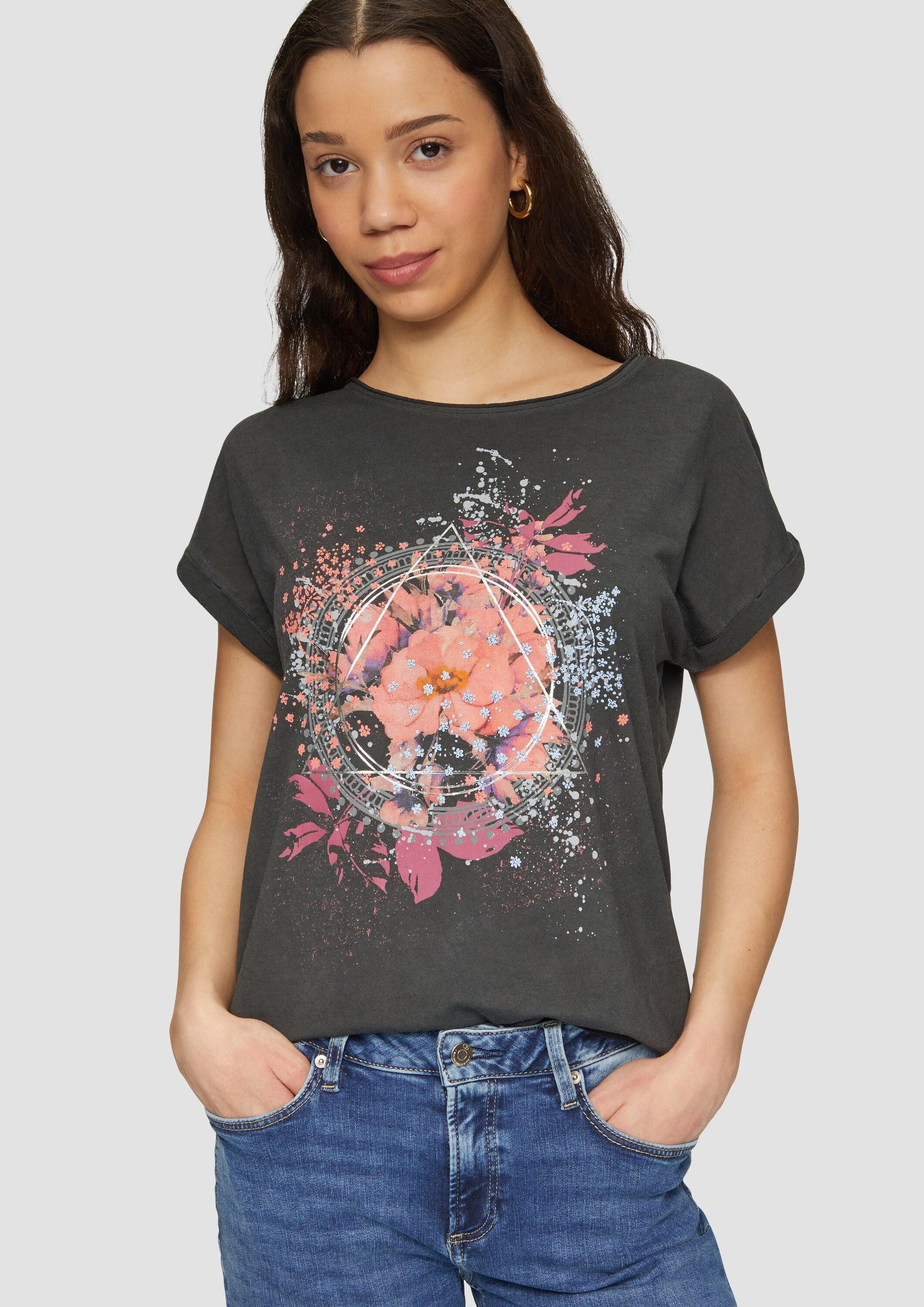 QS Kurzarmshirt T-Shirt Oversize-Shirt in gewaschener Optik mit Frontprint