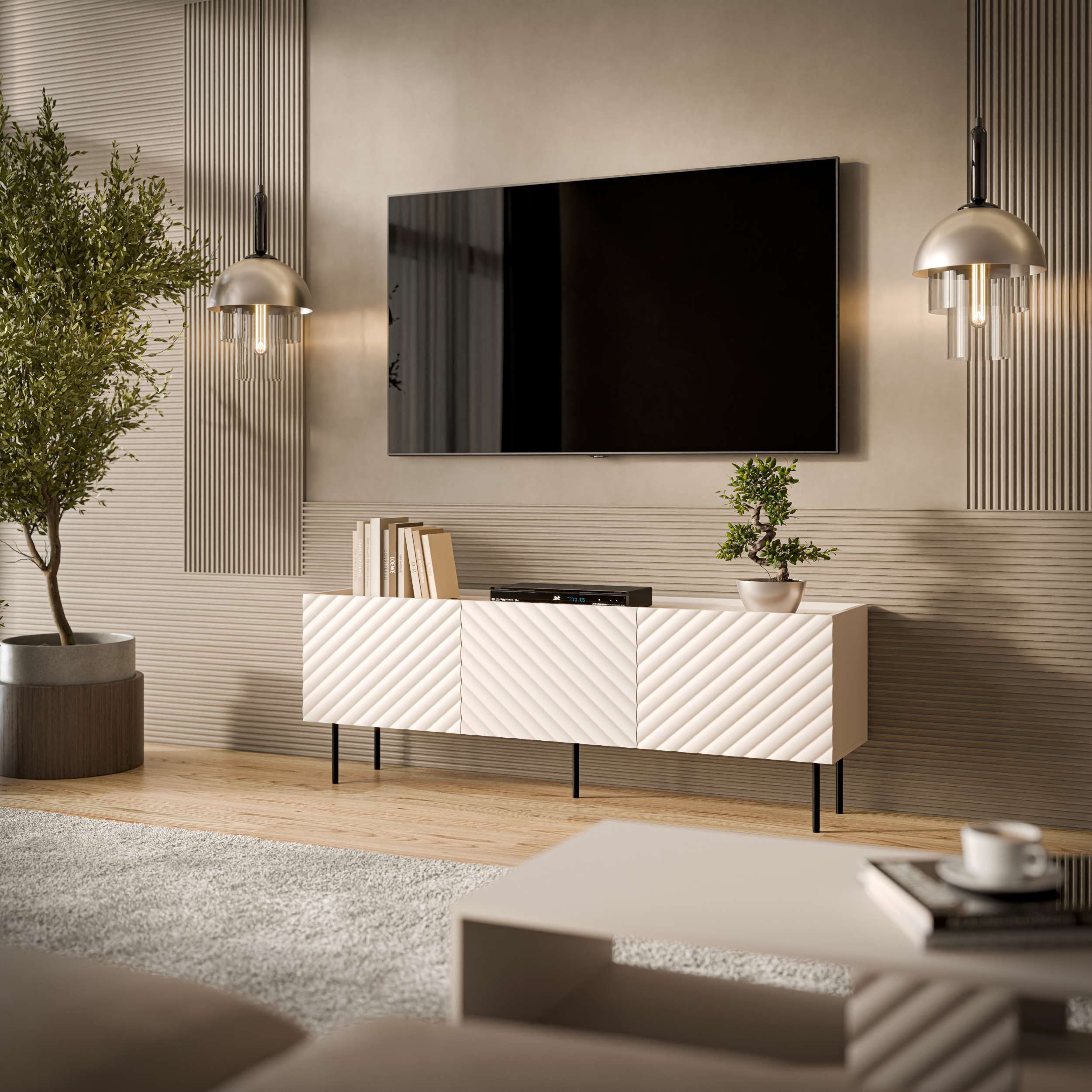 99rooms Lowboard Luzia (TV-Kommode, TV-Schrank), mit 3 grifflosen Türen, aus Holzwerkstoff, Metall Füße