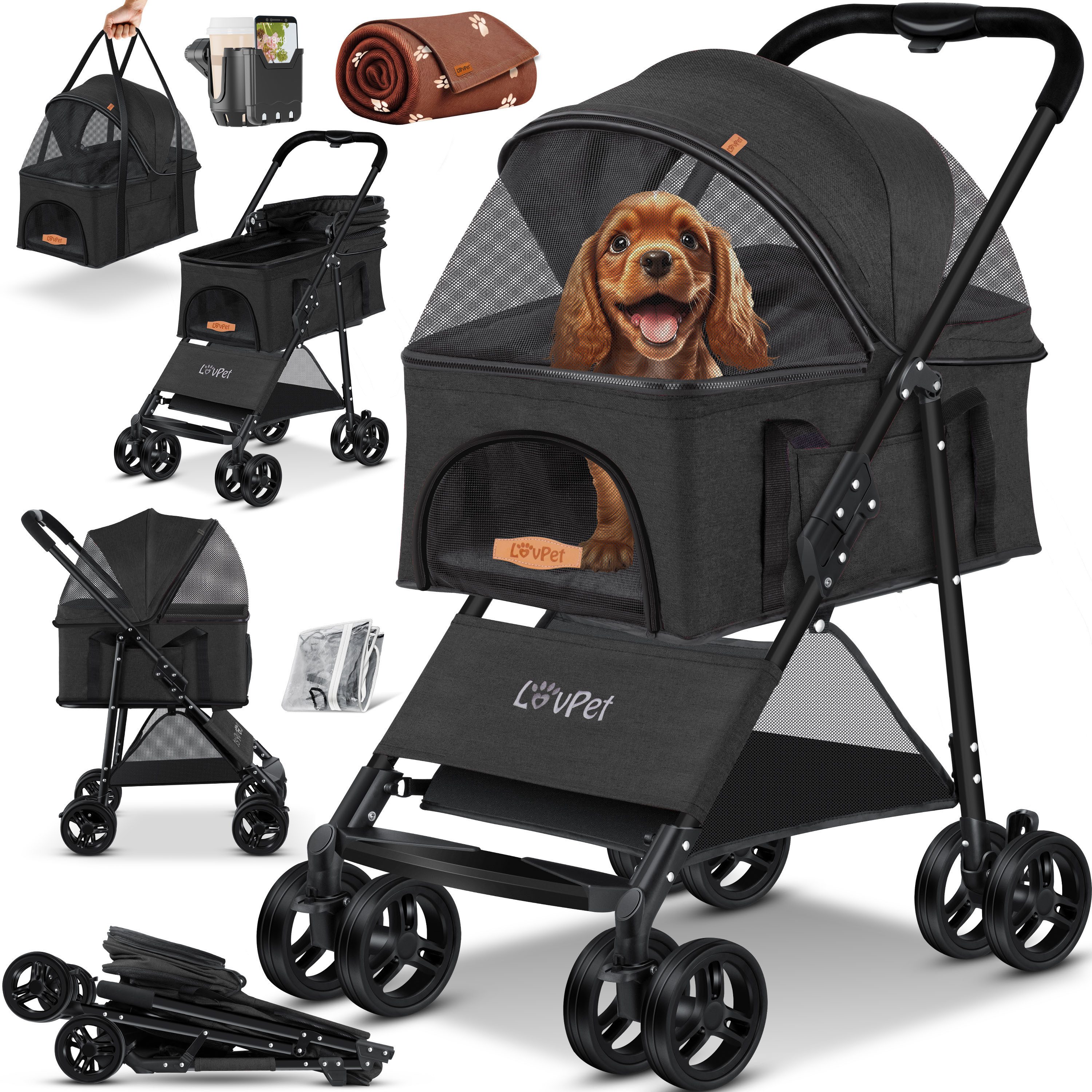 Lovpet Hundebuggy 2in1 Hundewagen max. bis 20kg Buggy für Haustiere, (Hundebox & Tasche mit Regenschutzabdeckung Getränkehalter Kuscheldecke), Haustier- & Katzenbuggy faltbar & klappbar mit Netzfenster von Lovpet