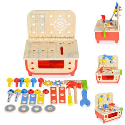 Tooky Toy Spielwerkzeug Kinder Holz Werkbank TF797, Kinderwerkzeug, Hammer, 31 Teile, Schrauben