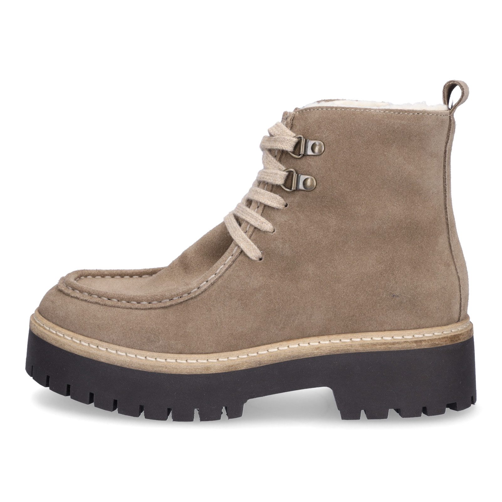 MIDS MOLLY Damen Schnürboots Velourleder Taupe mit Mokassinnaht, Bergsteigerösen & Kunstfellfutter