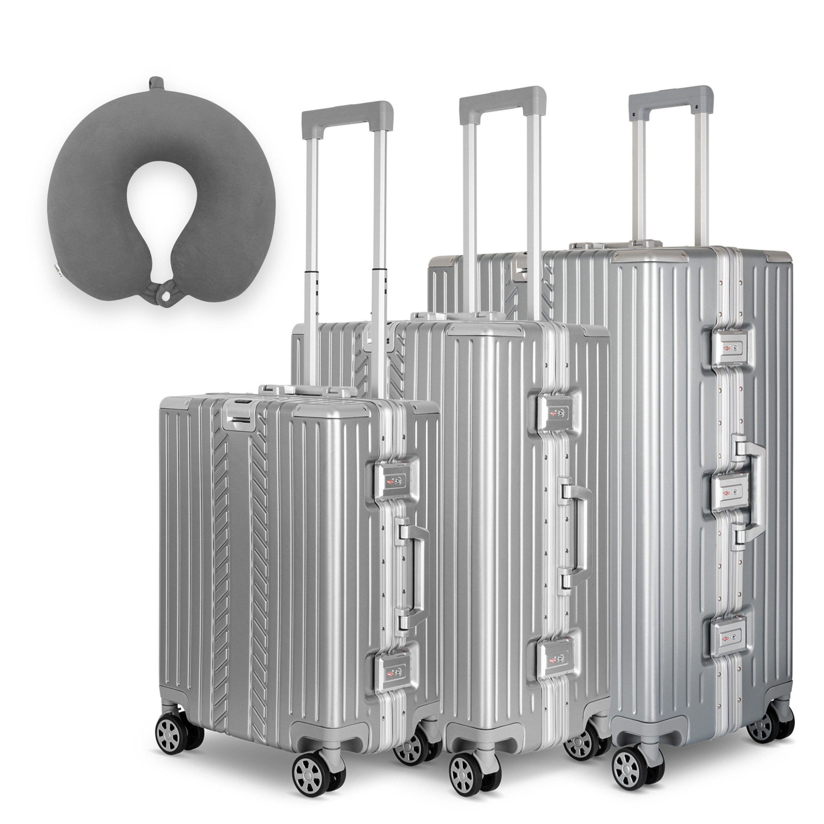 WINLIFE Trolley Hartschalen-Koffer Alu-Rahmen Silber Trolley M, L, XL + Nackenkissen, 4 Doppelrollen Rollen, ABS+PC-Hartschale, TSA-Zahlenschloss, 360°-Doppelrollen