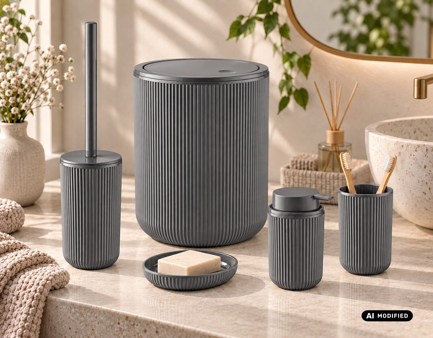 axentia Badaccessoire-Set Bad-Set Badezimmerset Badezimmer-Ausstattung, 5-teiliges Badset, Kosmetikeimer Seifenschale Seifenspender WC-Bürste Zahnputzbecher – Bild 4 von 5