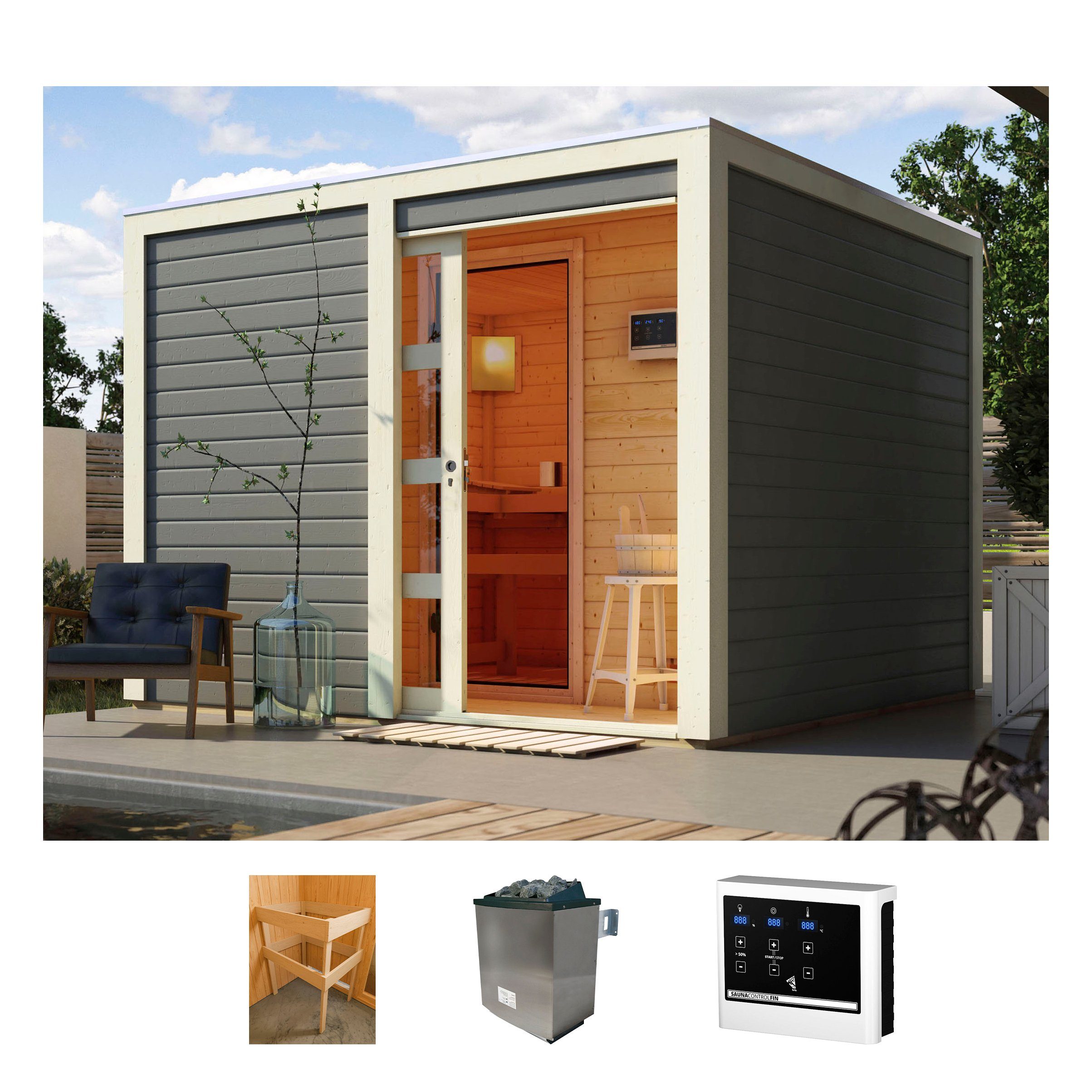 KONIFERA Saunahaus Ruben, BxTxH: 276 x 276 x 210 cm, 38 mm, (Set) Ofen 9 KW externe Strg easy