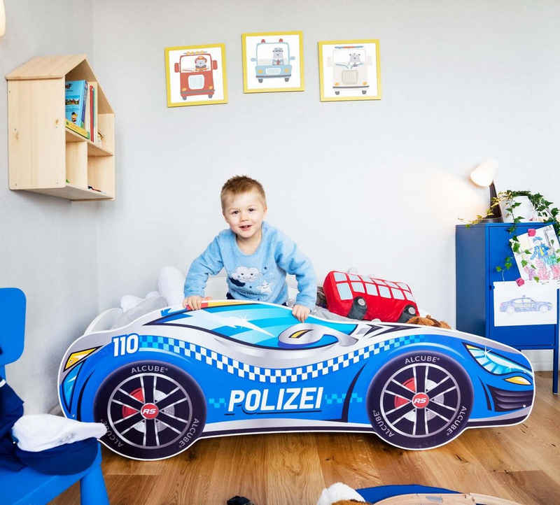 Alcube Autobett »Racer«, Auto Kinderbett 70x140 cm PKW Polizei Rennwagen-Design mit Matratze, Lattenrost & Rausfallschutz