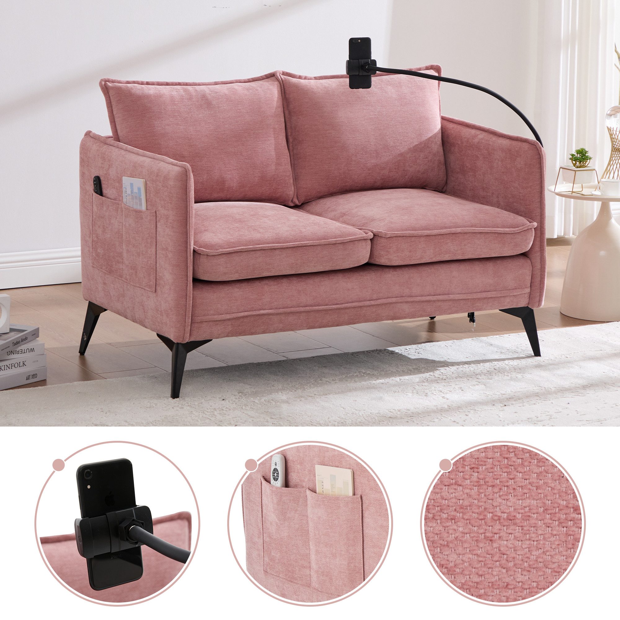 Totnz Sofa Zweisitzer Sofa mit Chenille Bezug, Handyhalterung, Seitenfächern, für Schlafzimmer, Wohnzimmer und kleine Räume