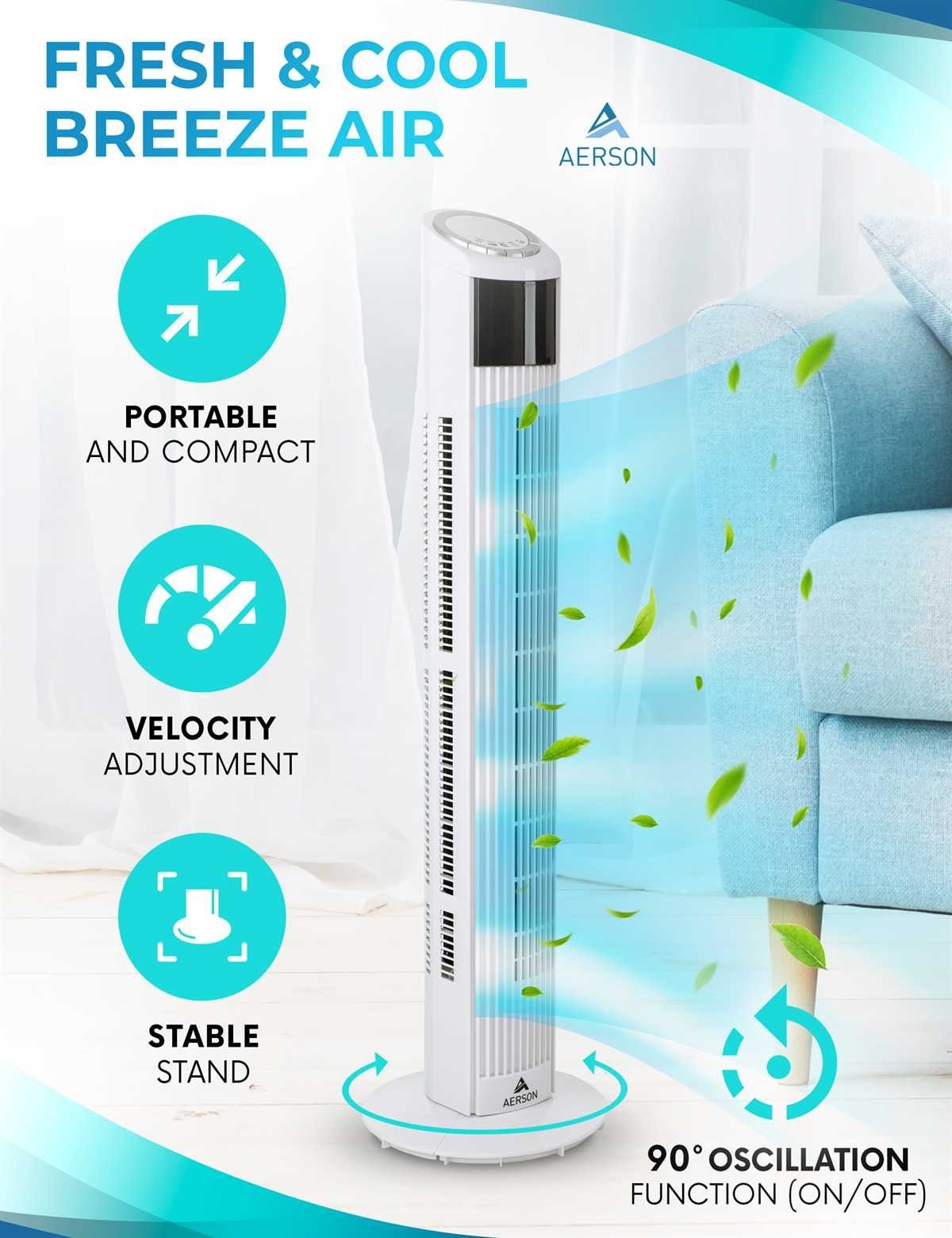 W 45 Display AERSON Timer LED Turmventilator Fan, Fernbedienung & Raumtemperaturanzeige 90 Tower cm Ventilator Stufen, 3 mit