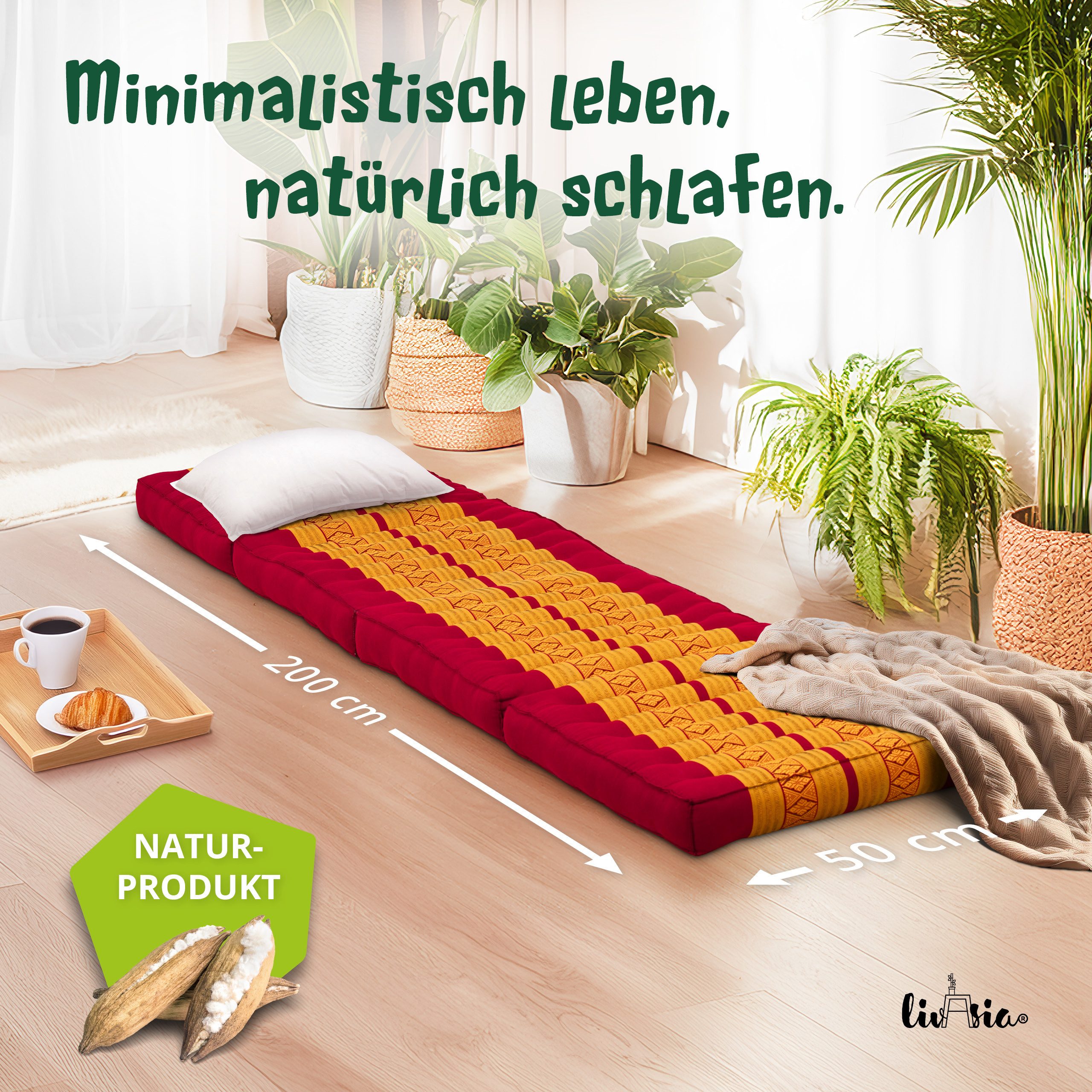 Klappmatratze 50 cm breit (Classic) - 200x50x8cm - Faltmatratze, livasia, 8 cm hoch, Kapok, vegan, handgefertigt
