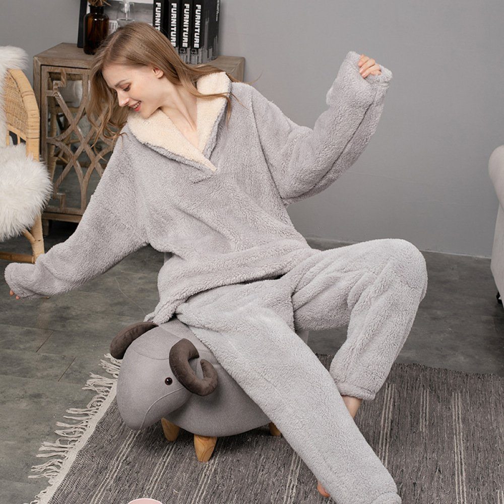 Opspring Pyjama 2er-Set Schlafanzug,gemütliche und Flanell-Nachtwäsche warme