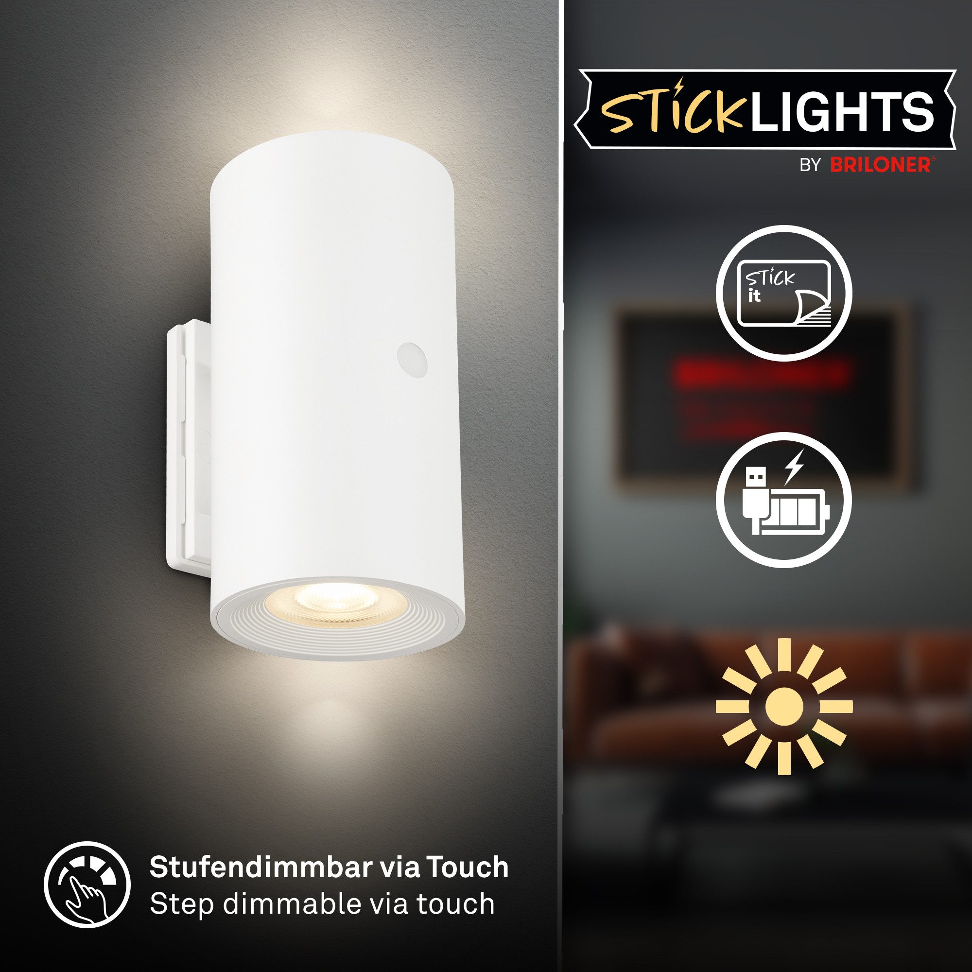 Briloner Leuchten LED Wandleuchte Dimmbar Touchfunktion Kabellos Warmweiß, LED fest integriert