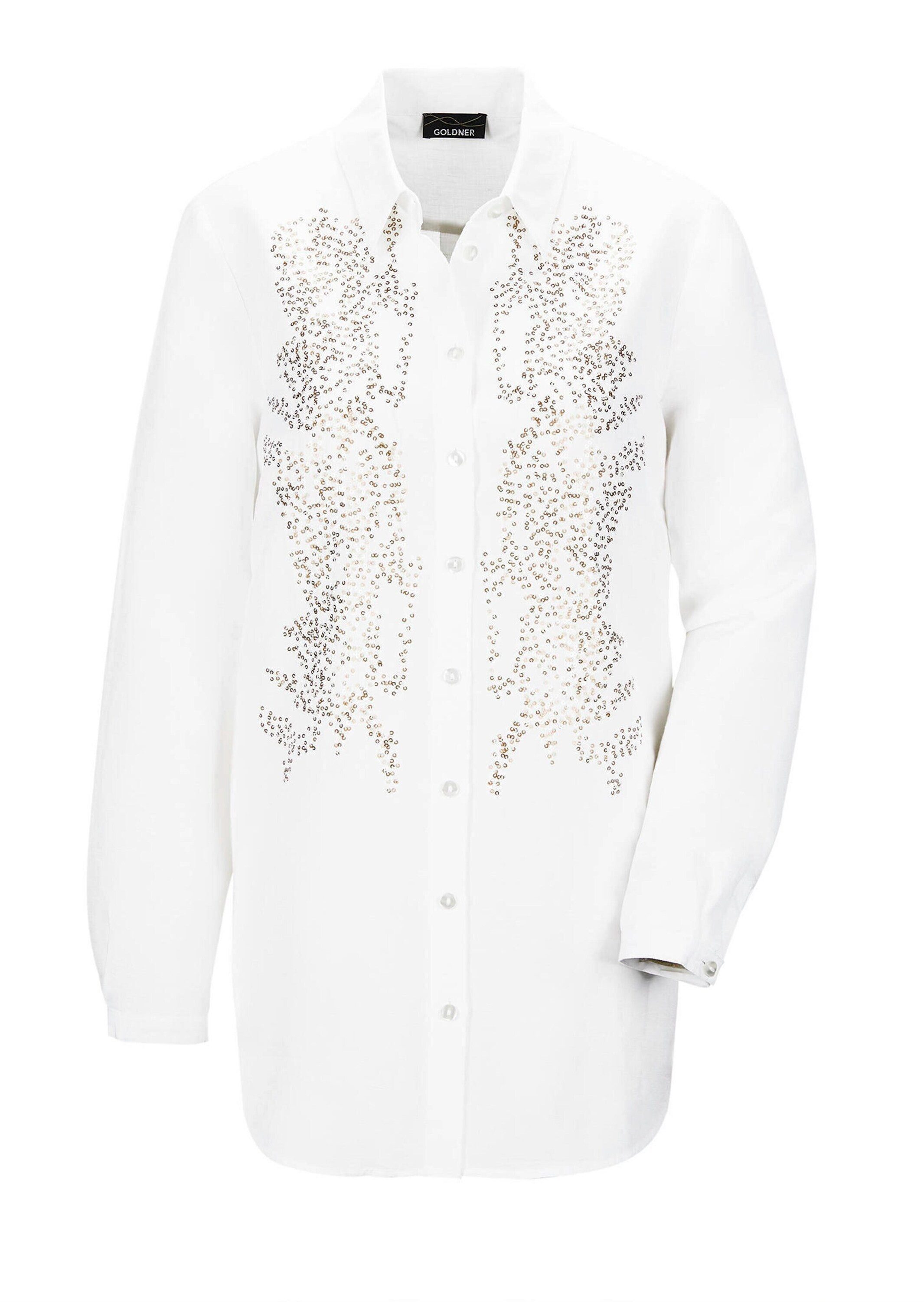 GOLDNER Hemdbluse Weiße elegante Bluse aus Leinen Ausgefallene Bluse mit Verzierungen, Uni weiß, Langarm