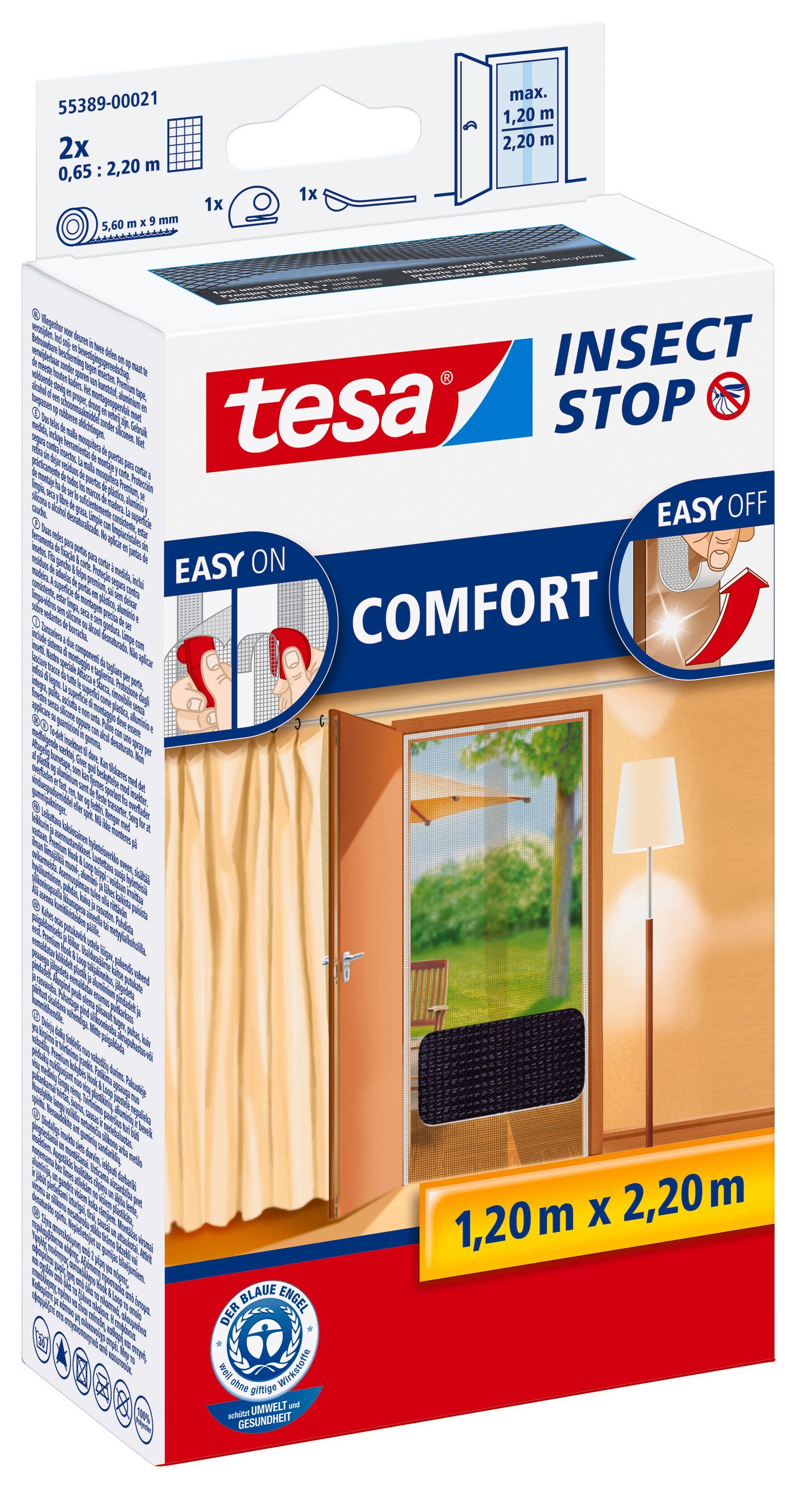 tesa Fliegengitter-Gewebe Insect Stop Comfort Fliegengitter für Türen, (Packung, 1-St., Fliegennetz, Klettband), Insektenschutz für Balkon und Terassentür -ohne Bohren - anthrazit