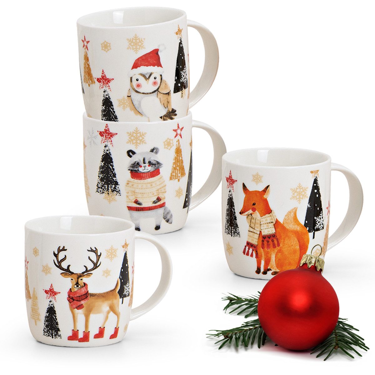 matches21 HOME & HOBBY Tasse Weihnachtstassen 4er Set Tiere Hirsch Fuchs Eule Kaffeetassen, 4-tlg., Porzellan, Tee Kaffeebecher, Weihnachten, modern, grün blau weiss, 300 ml