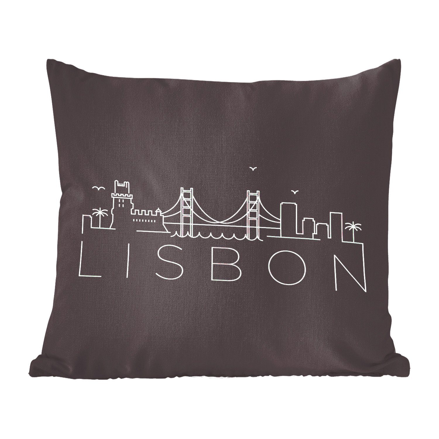 für Deko, Skyline Hintergrund, Füllung schwarzen vor Schlafzimmer, mit Wohzimmer, Sofakissen Zierkissen einem MuchoWow ''Lissabon'' Dekokissen
