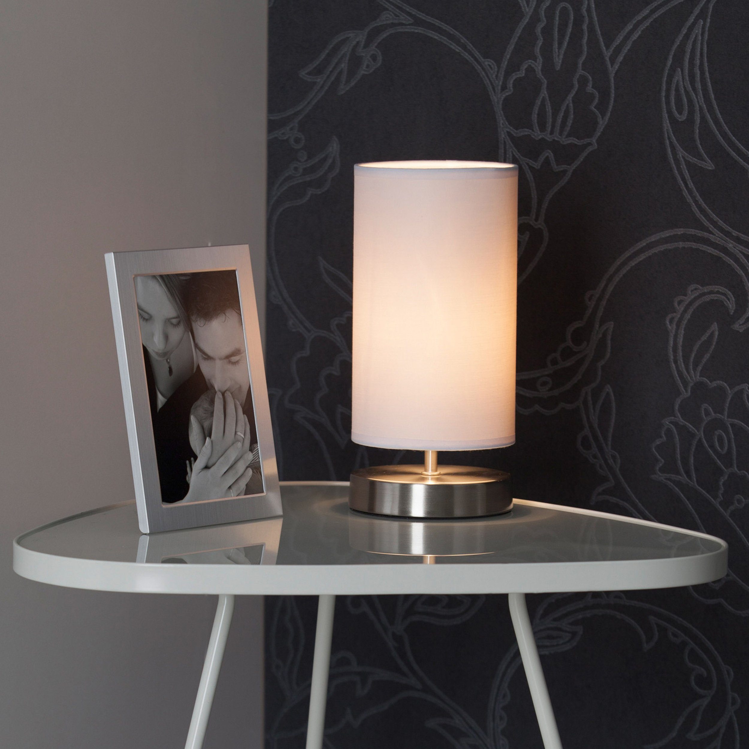 dekorativem mit und Tischleuchte, Lightbox - Tischlampe Metall/Textil Leuchtmittel, ohne Schalter Stoffschirm