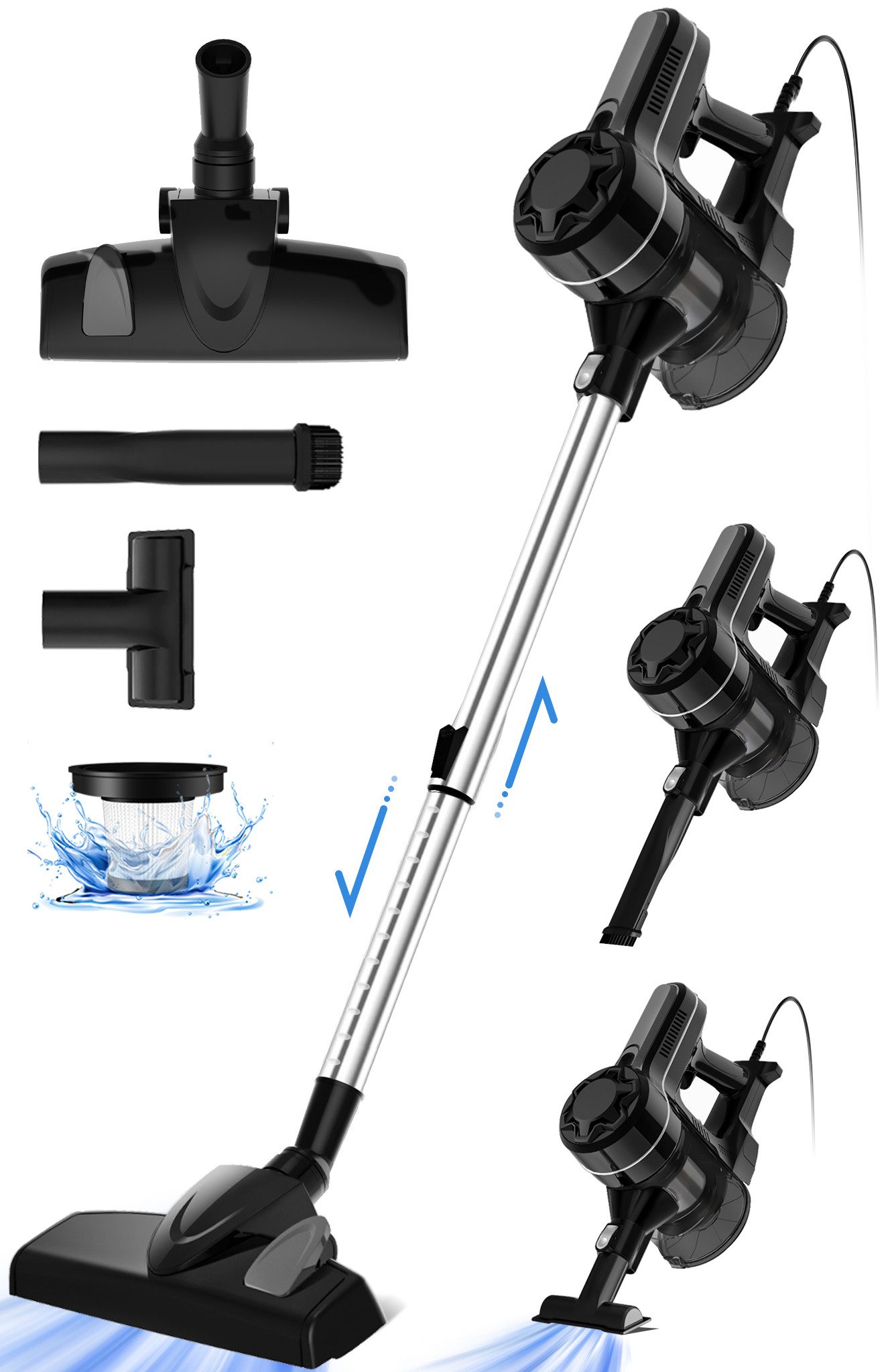 Homimaster Stielstaubsauger Staubsauger, Stielstaubsauger mit Kabel, 28KPa stark Saugkraft, 5 m Kabel, 6-in-1 Handstaubsauger, leistungsstarker Staubsauger für Zuhause