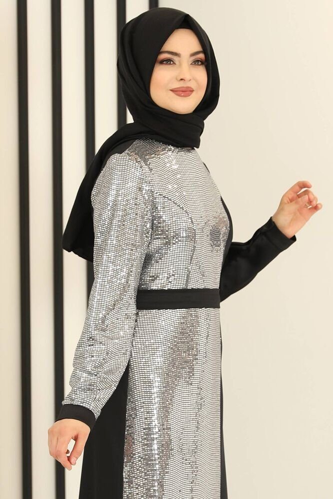 Modavitrini Paillettenkleid Damen Schwarz Modest Pailletten, Silber Fashion Abendkleid Hijabmode Abiye Kleid silbernes