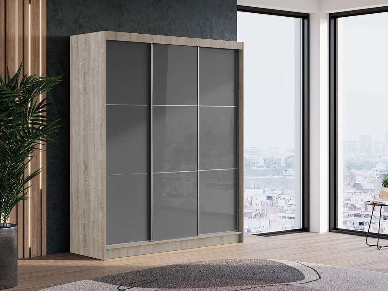 MKS MÖBEL Kleiderschrank VALENCIA Schiebeschrank 180 cm mit Korpus aus Eiche Sonoma, Lacobel-Glas Grau