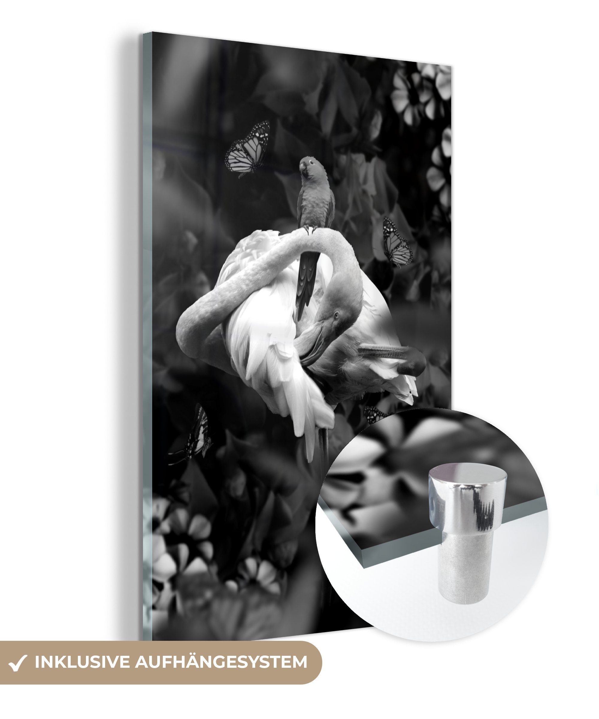 MuchoWow Acrylglasbild Famingo mit Blumen und Schmetterlingen im Dschungel - schwarz und weiß, (1 St), Glasbilder - Bilder auf Glas Wandbild - Foto auf Glas - Wanddekoration bunt