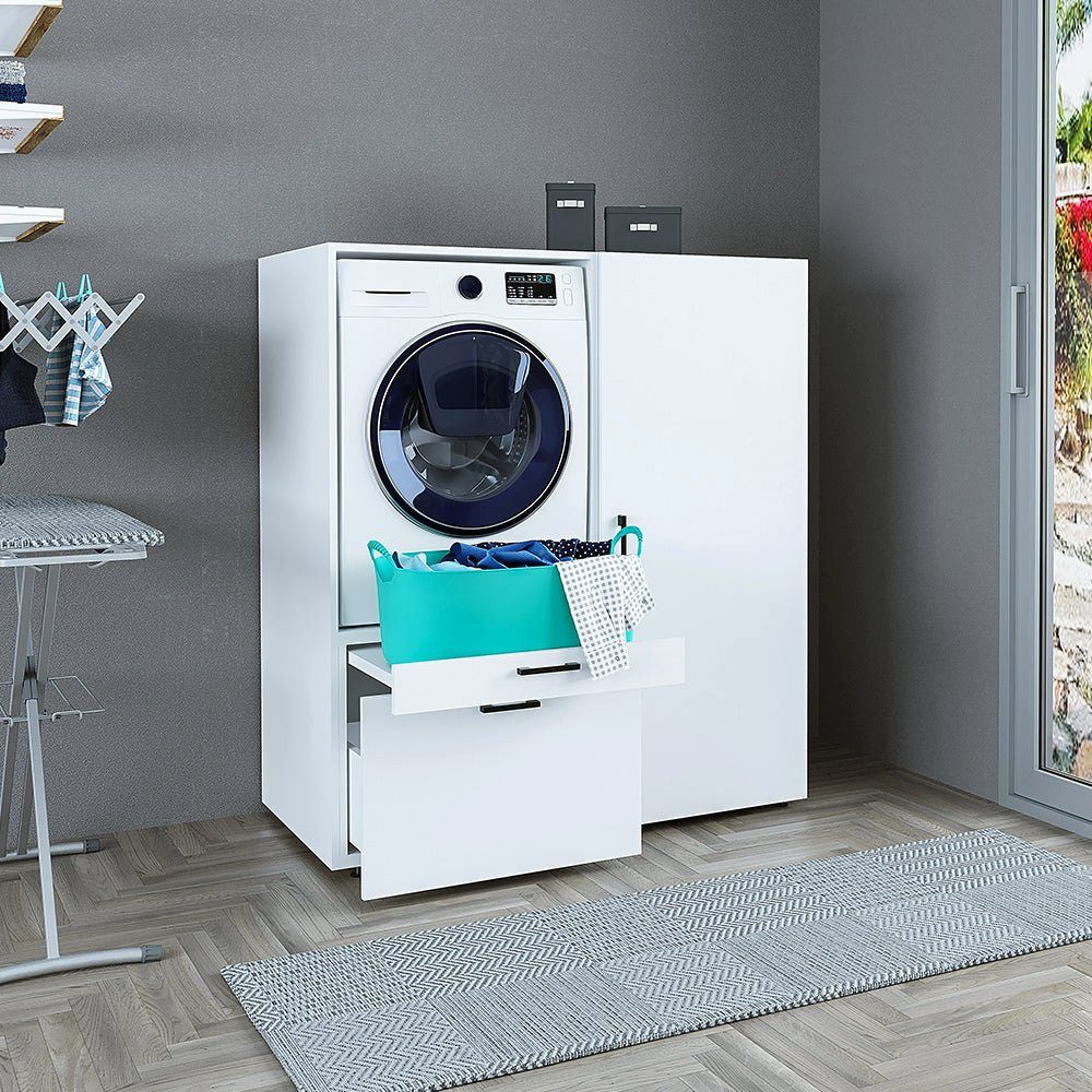 (Roomart weiß Waschmaschinenumbauschrank HBT:145x127x66) Roomart | Weiß Waschmachinenschrank für Hauswirtschaftsraum