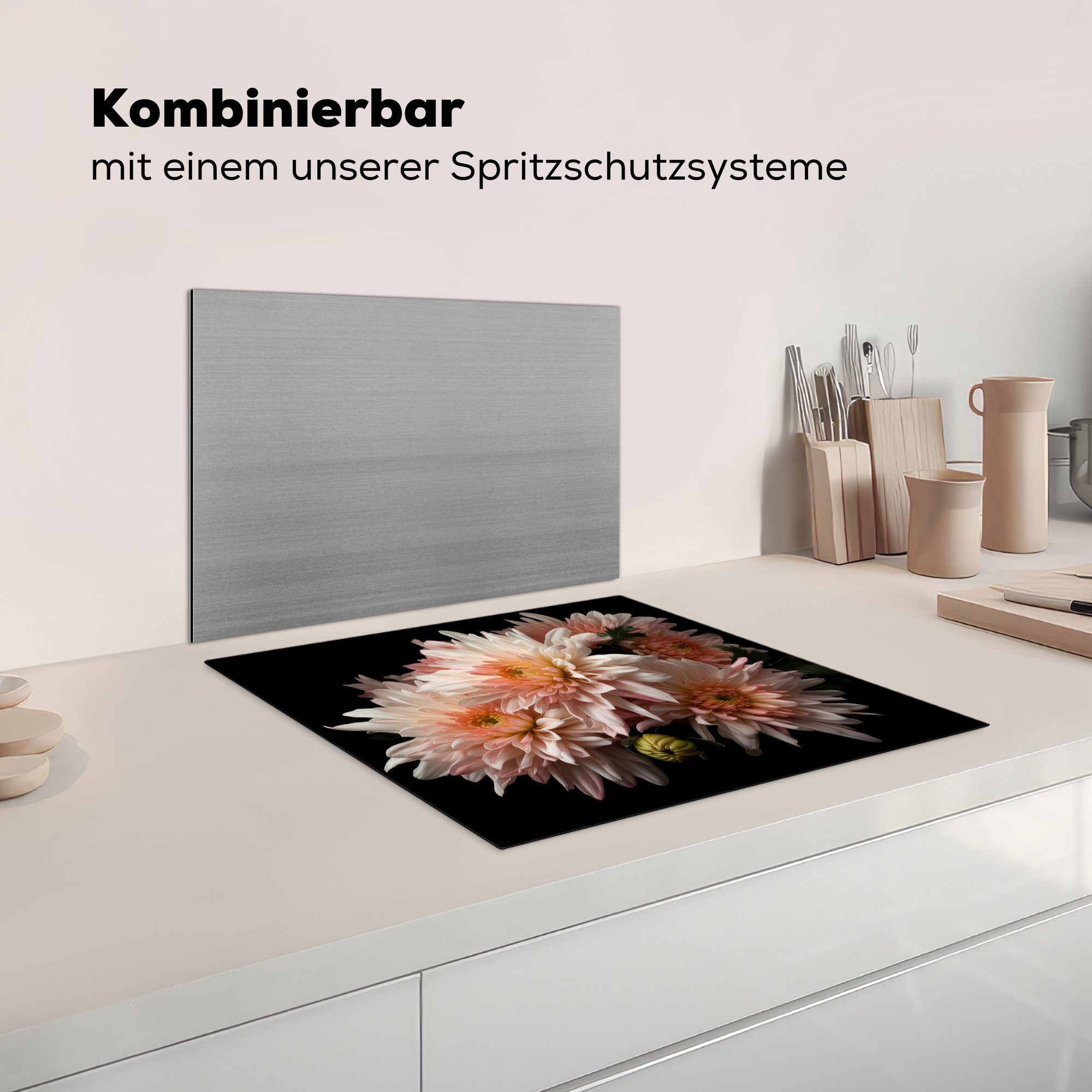 MuchoWow Herdblende-/Abdeckplatte Chrysantheme - Blumen - nutzbar, Mobile tlg), (1 Vinyl, Weiß Schwarz, Ceranfeldabdeckung 60x52 - - Natur Arbeitsfläche cm