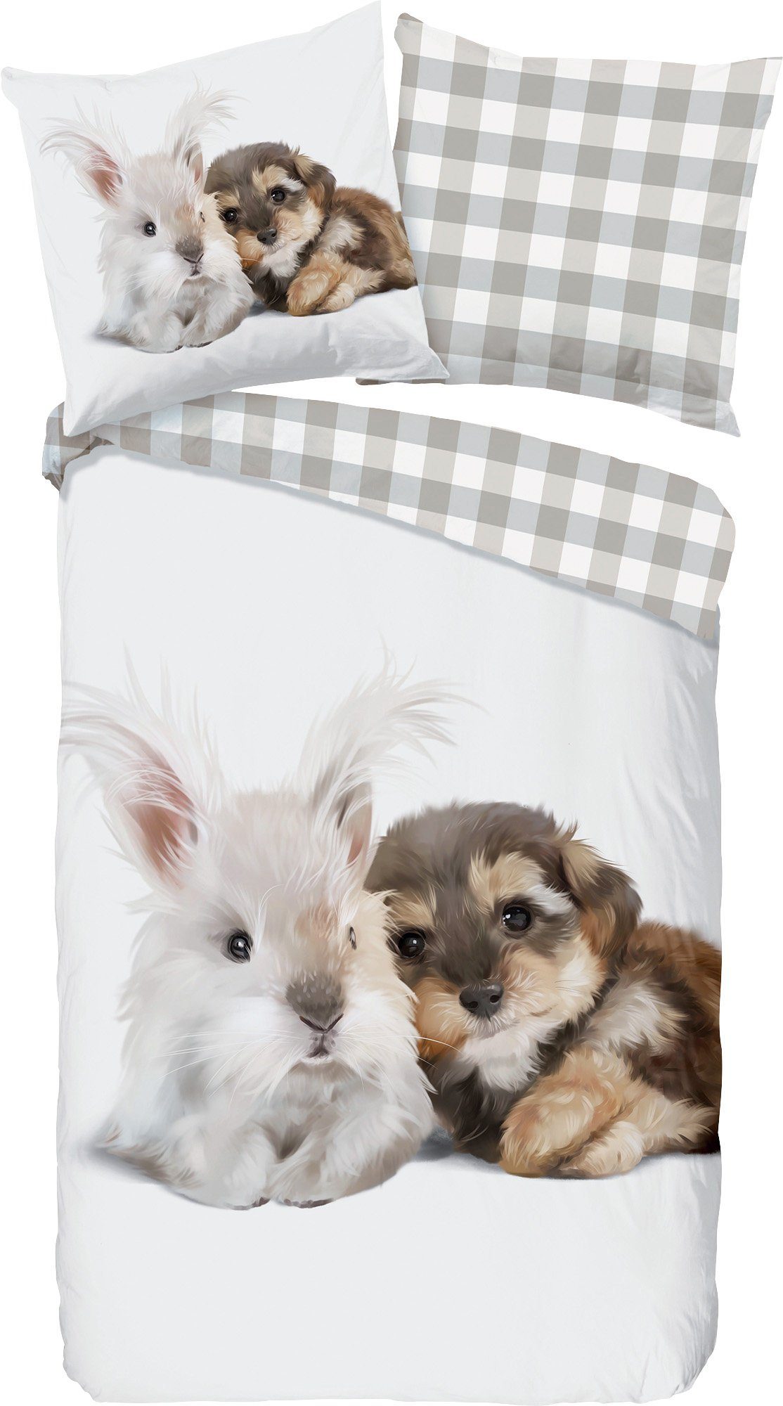 Kinderbettwäsche Cute Rabbit & Dog, good morning, Biber, Flanell, 2 teilig, 100 Baumwolle