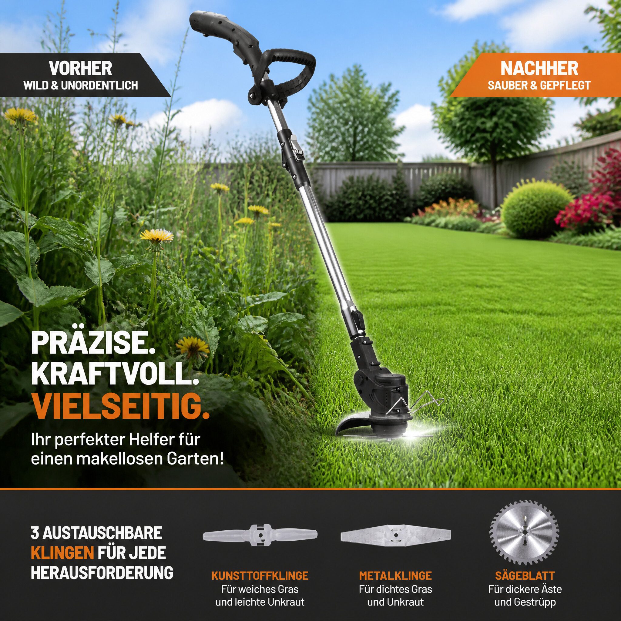 GARRYFIZH Akkurasenmäher Rasentrimmer Mit Akku,Akku Rasentrimmer Trimmer Garten, 2 Batterien