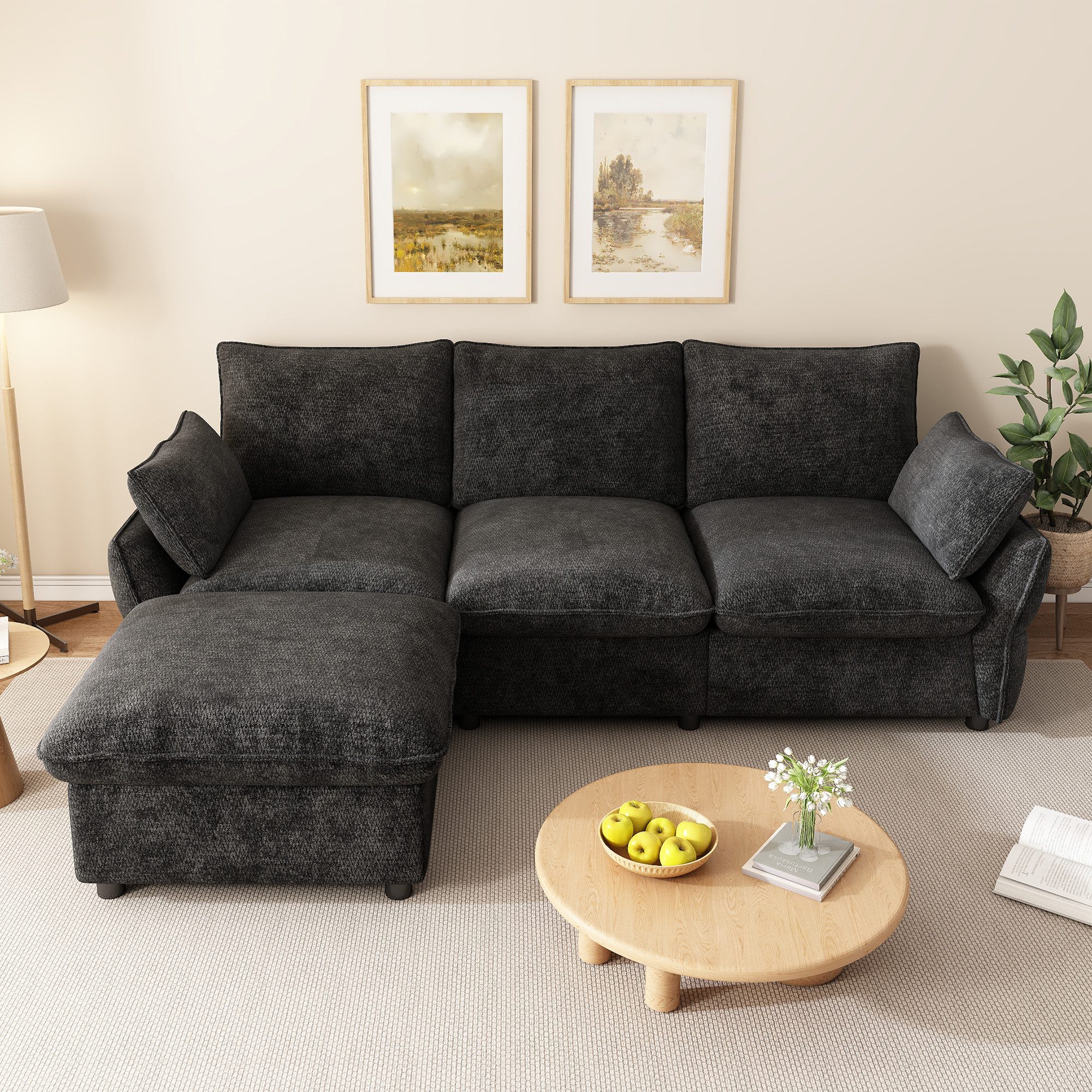 Flieks Ecksofa 3-Sitzer Sofa inkl. 1 Hocker & 2 Zierkissen, 222,5×154,5×76,5 cm 1 Teile, L-Form Couch Chaiselongue mit Schlaffunktion, Chenille, Dunkelgrau – Bild 3 von 5
