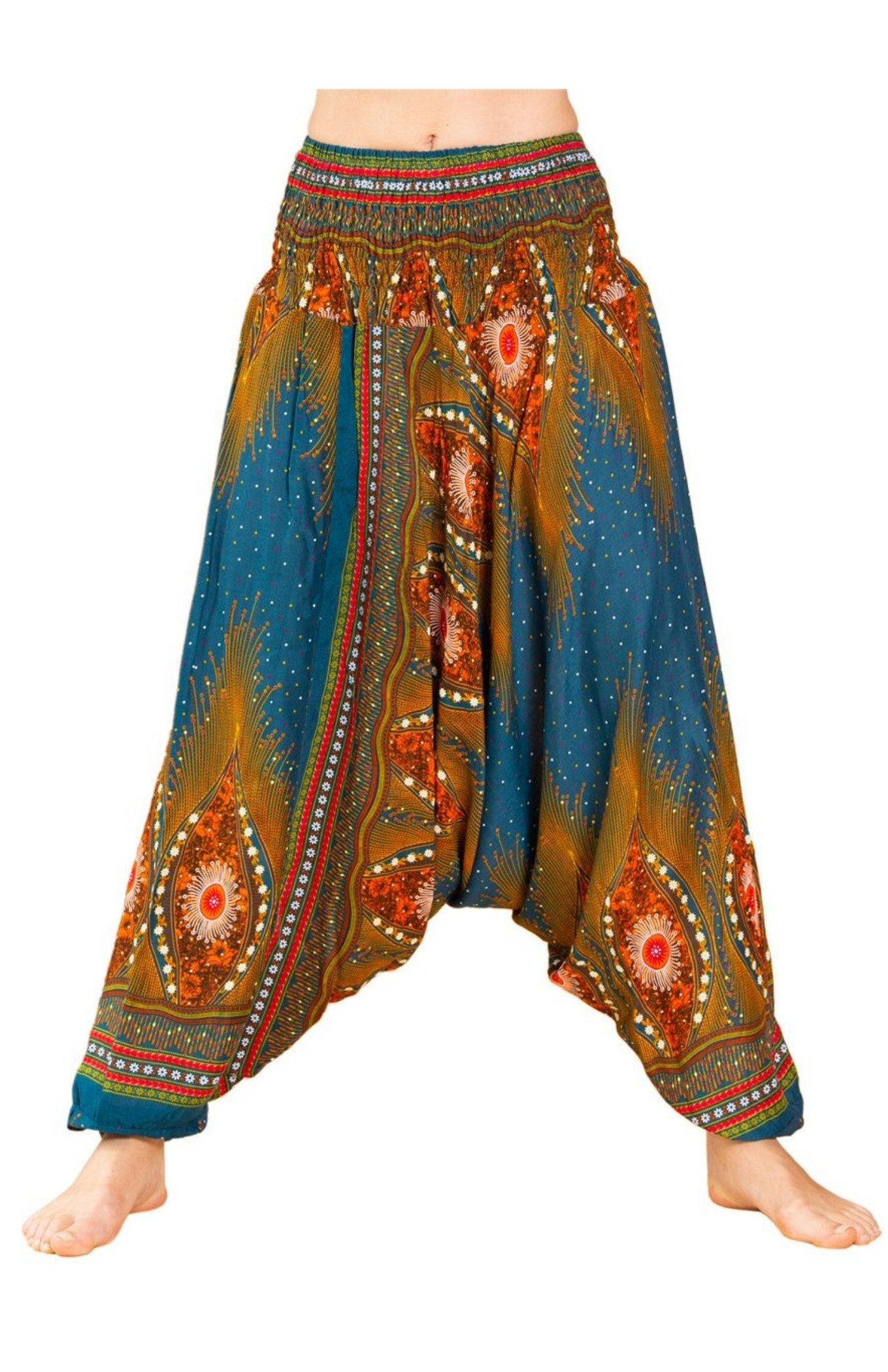 PANASIAM Haremshose Aladinhose im schönen Peacock Design Haremshose aus 100% natürlicher Viskose auch als Overall tragbar Damen Pumphose bequeme Freizeithose