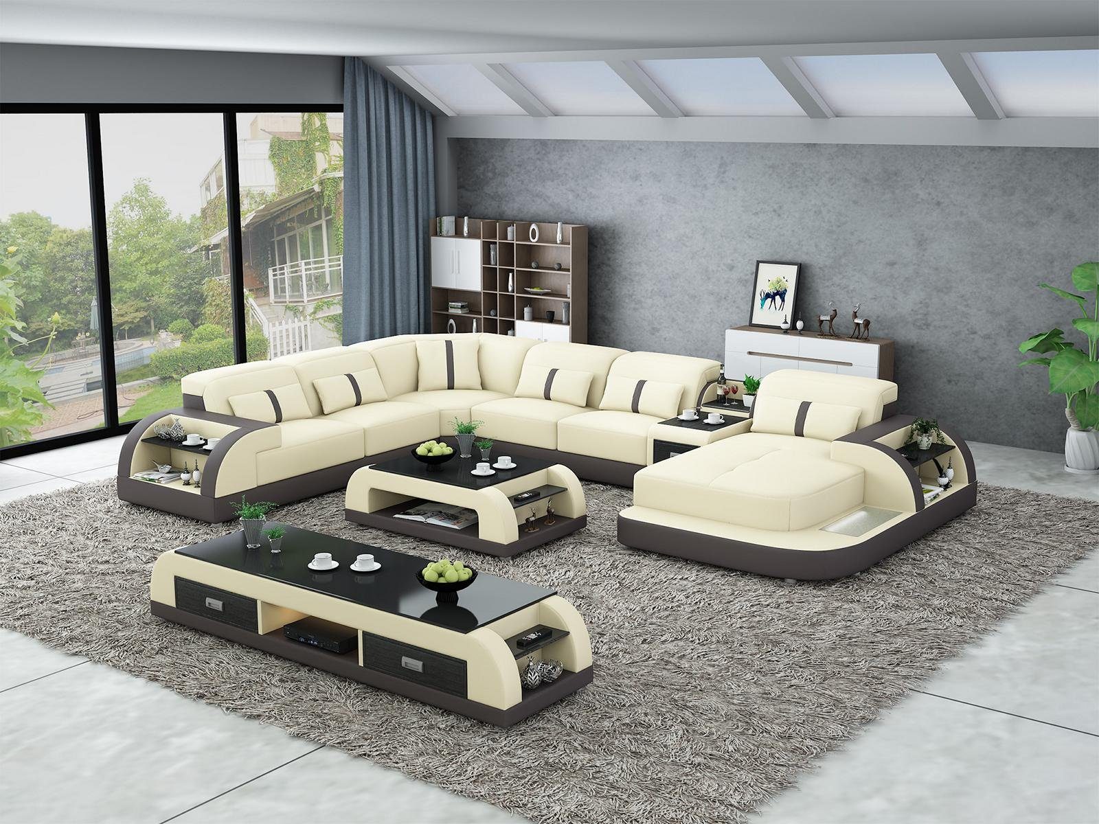 JVmoebel Wohnzimmer-Set, Design Wohnlandschaft Ecksofa Sofa Couch U-Form Tisch Leder 2tlg. Grau/Silber