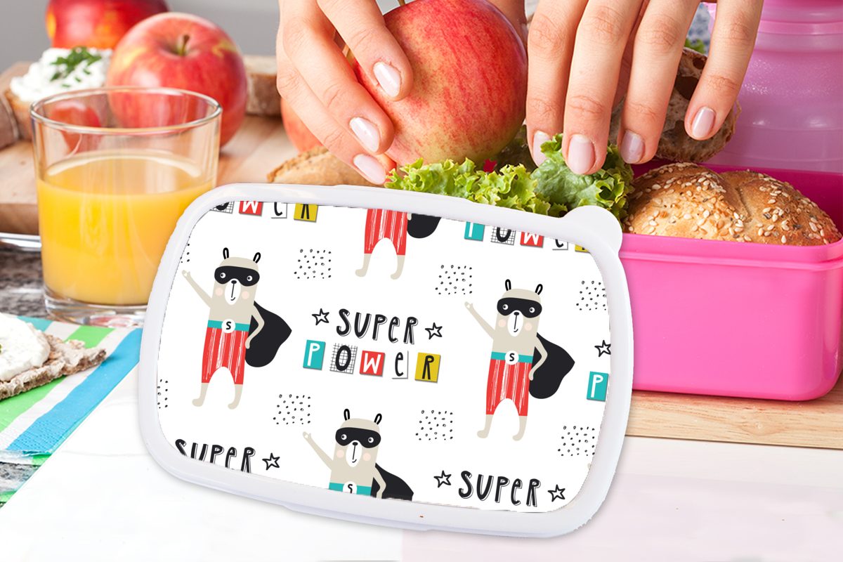 Mädchen, Lunchbox Superheld, Kinder, für Brotdose MuchoWow Brotbox - Muster Kunststoff, rosa Erwachsene, - Snackbox, (2-tlg), Kunststoff Jungen