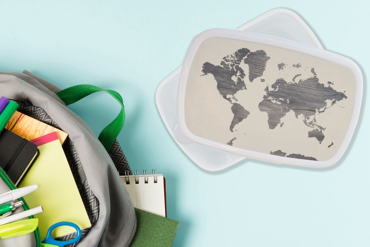 Kunststoff, und MuchoWow - Weltkarte weiß Brotbox (2-tlg), Kinder für Mädchen Brotdose, Grau Lunchbox Erwachsene, und für Holz, Jungs -