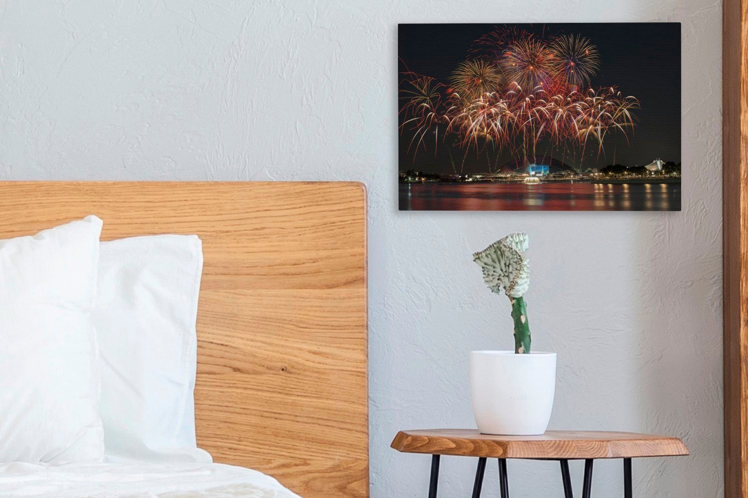 OneMillionCanvasses® Leinwandbild Ein Bild Wanddeko, (1 Singapur cm Leinwandbilder, in Feuerwerk während 30x20 St), Wandbild vom Silvesternacht, der Aufhängefertig