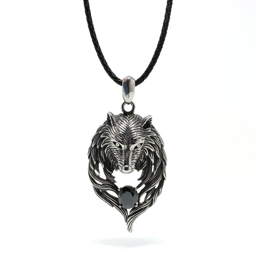 Edelstahlkette Lederkette Edelstahl 316 WOLF EYE BLACK