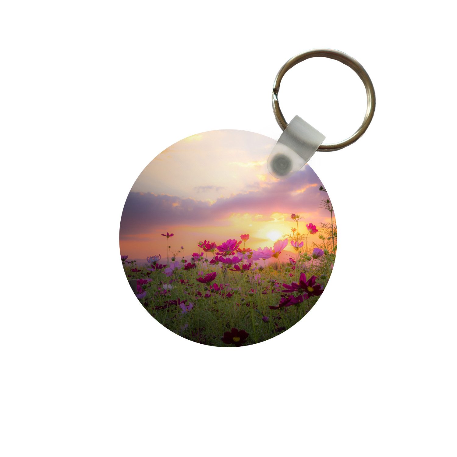 MuchoWow Schlüsselanhänger Sonnenuntergang - Blumen - Rosa - Natur - Grün, Rund, Geschenk für Damen / Herren / Kinder mit Schlüsselring, 5x5 cm