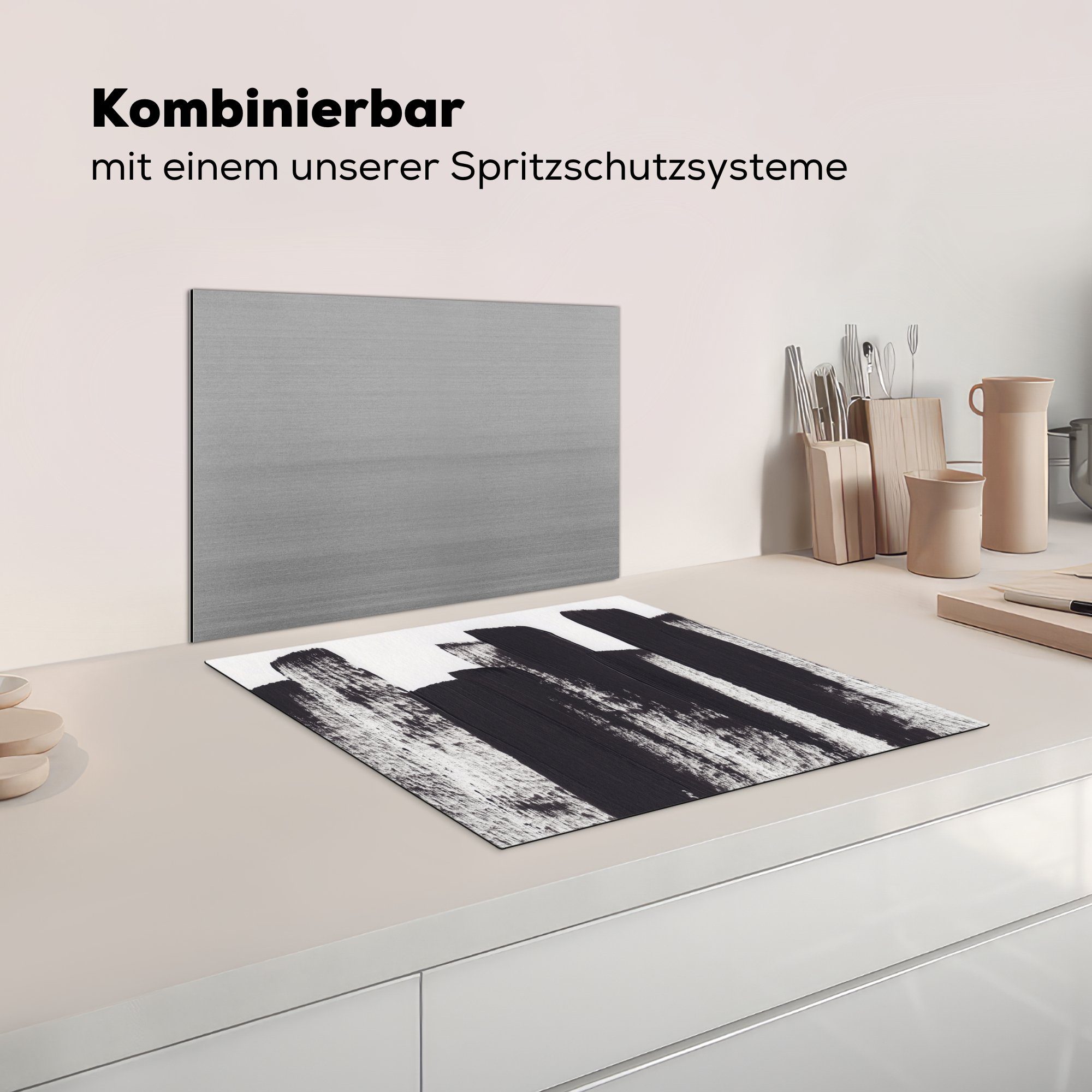 MuchoWow Herdblende-/Abdeckplatte Farbe - Arbeitsfläche - Vinyl, Abstrakt tlg), Ceranfeldabdeckung 60x52 Weiß, Mobile (1 Schwarz cm, nutzbar, 