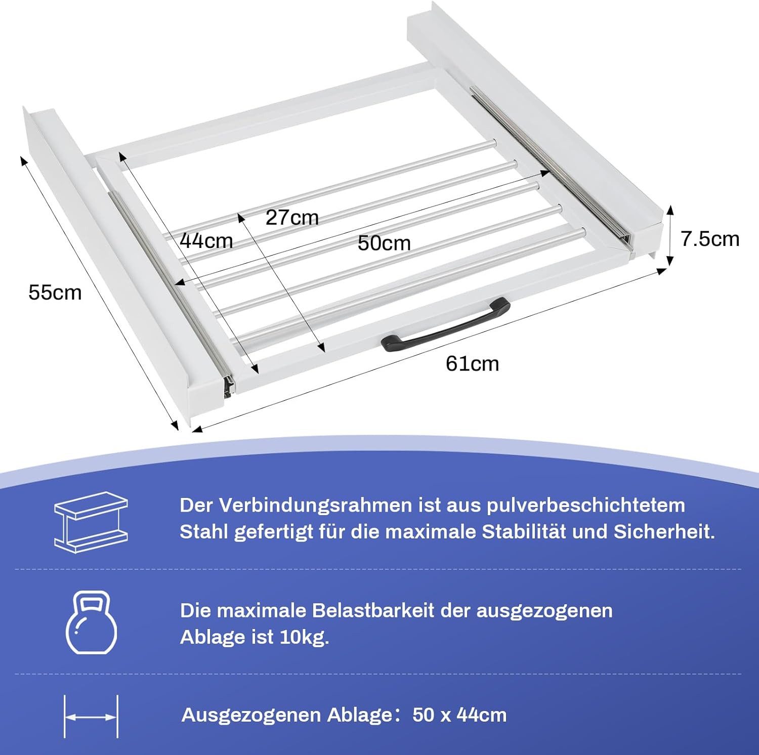 XERSEK Zwischenbaurahmen Verbindungsrahmen mit Ausziehbarer Handtuchhalter aus Stahl, 61x55cm (Max.100kg Universal Zwischenbaurahmen für Trockner, Waschmaschine, Waschmaschinenzubehör)
