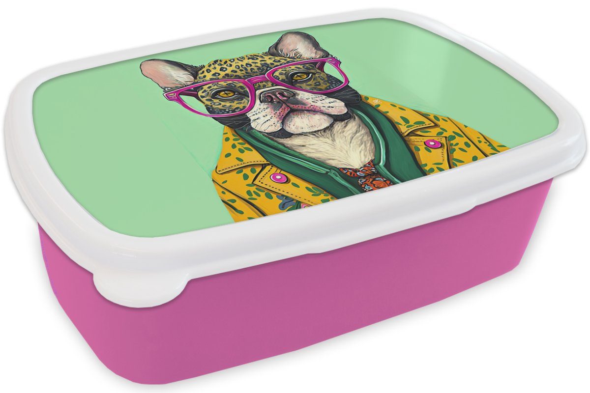 Brotbox Snackbox, Hippie Brotdose Tiere Lunchbox - für Kunststoff, Kunststoff Erwachsene, Brille, Hund - Mädchen, - Kinder, (2-tlg), rosa MuchoWow